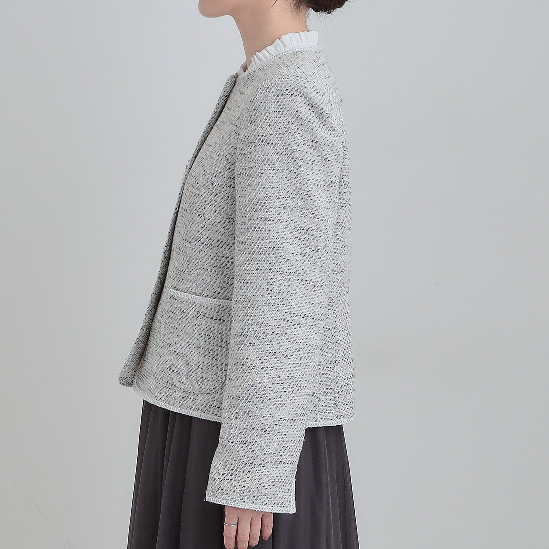 SHOO･LA･RUE「【S-3L】オンとオフで印象が変わる ライトツイードジャケット」|ノーカラージャケット|