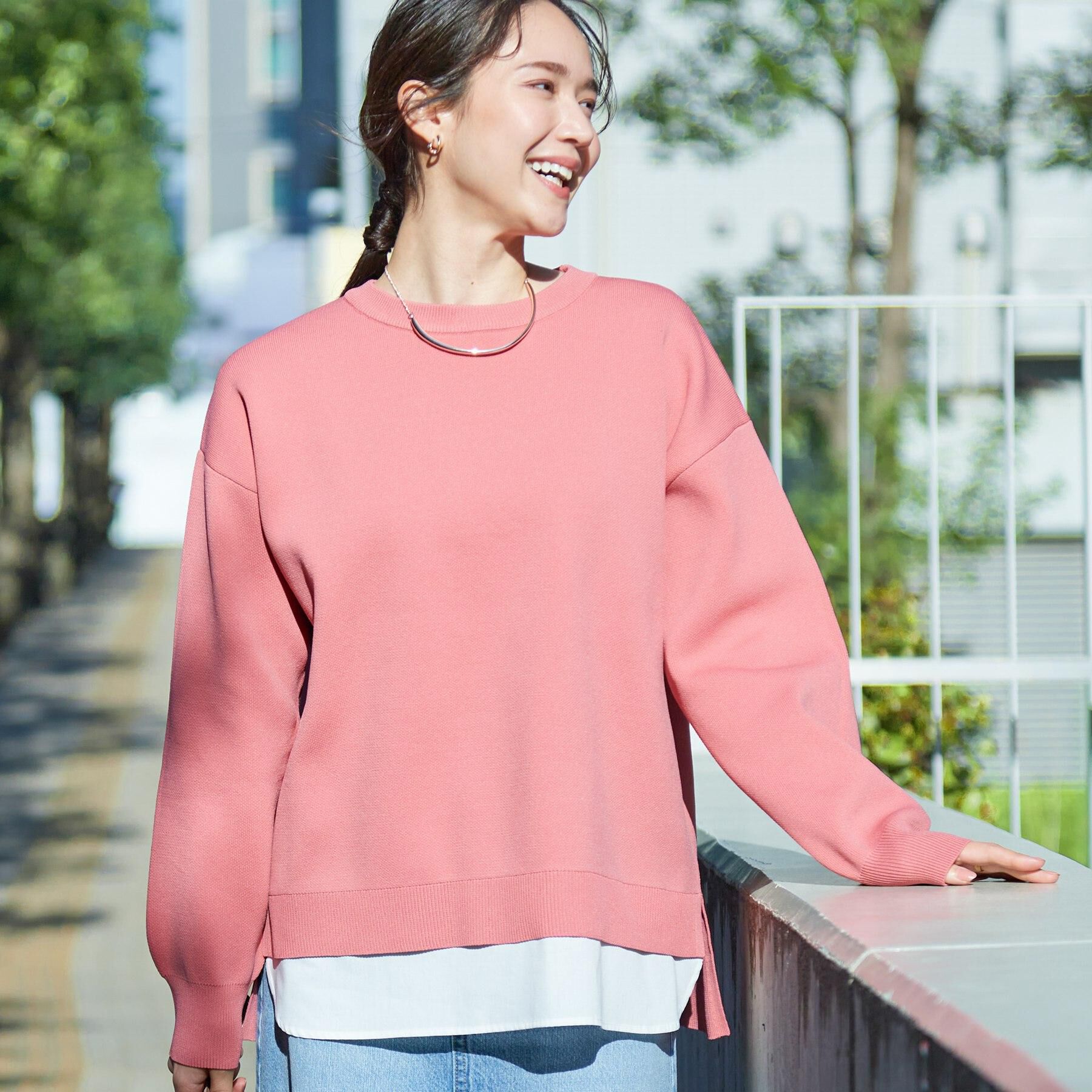 SHOO･LA･RUE「【洗濯機可/S-LL】さらに軽くなった スポンディッシュ裾フェイクトップス」|ニット・セーター|