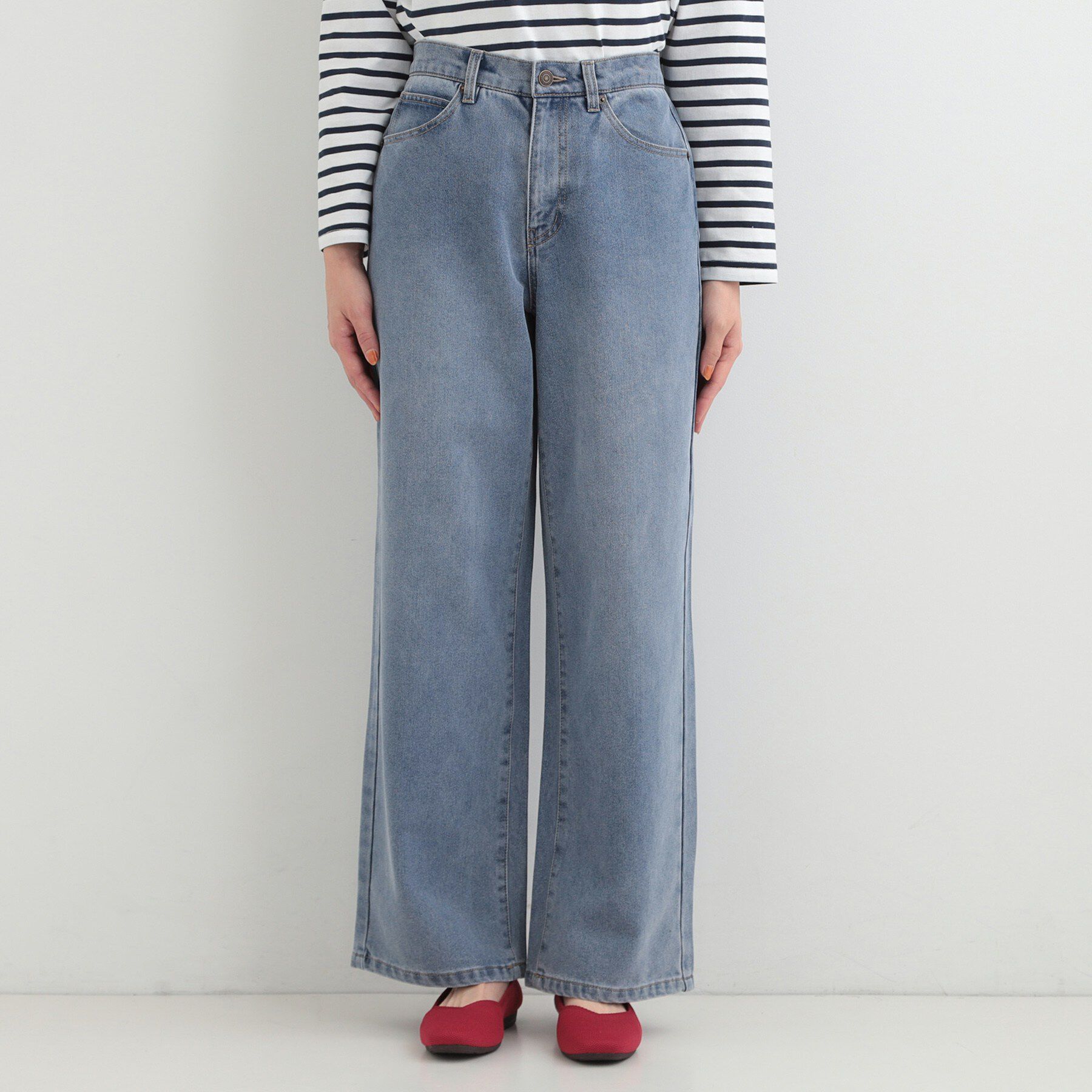 SHOO･LA･RUE「【S-LL】脚のラインを拾いにくい デニムワイドパンツ」|デニム|