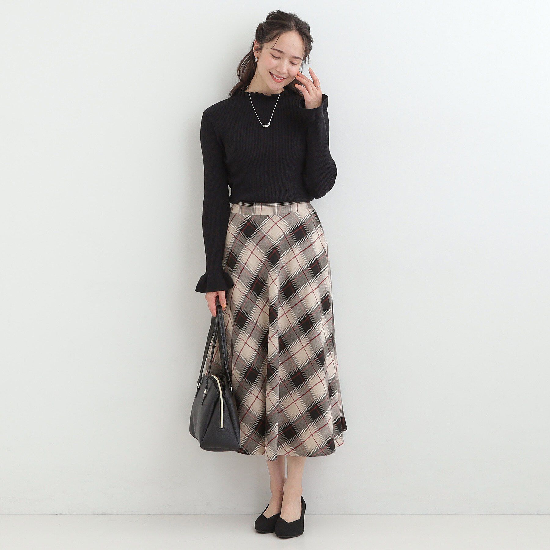 SHOO･LA･RUE「【S-LL】立体感が際立つ モールチェックフレアスカート」|スカート|