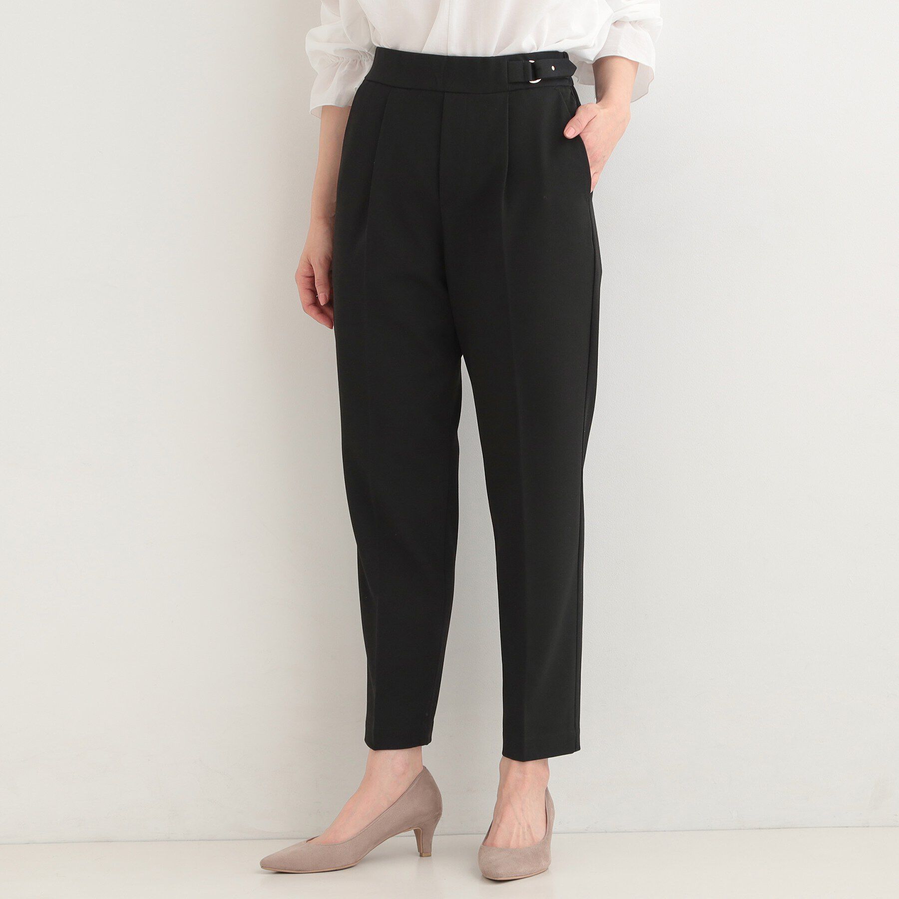 SHOO･LA･RUE「【洗濯機可/S-LL】ベルト風デザインがアクセント きれい見えテーパードパンツ」|その他|ブラック(019)