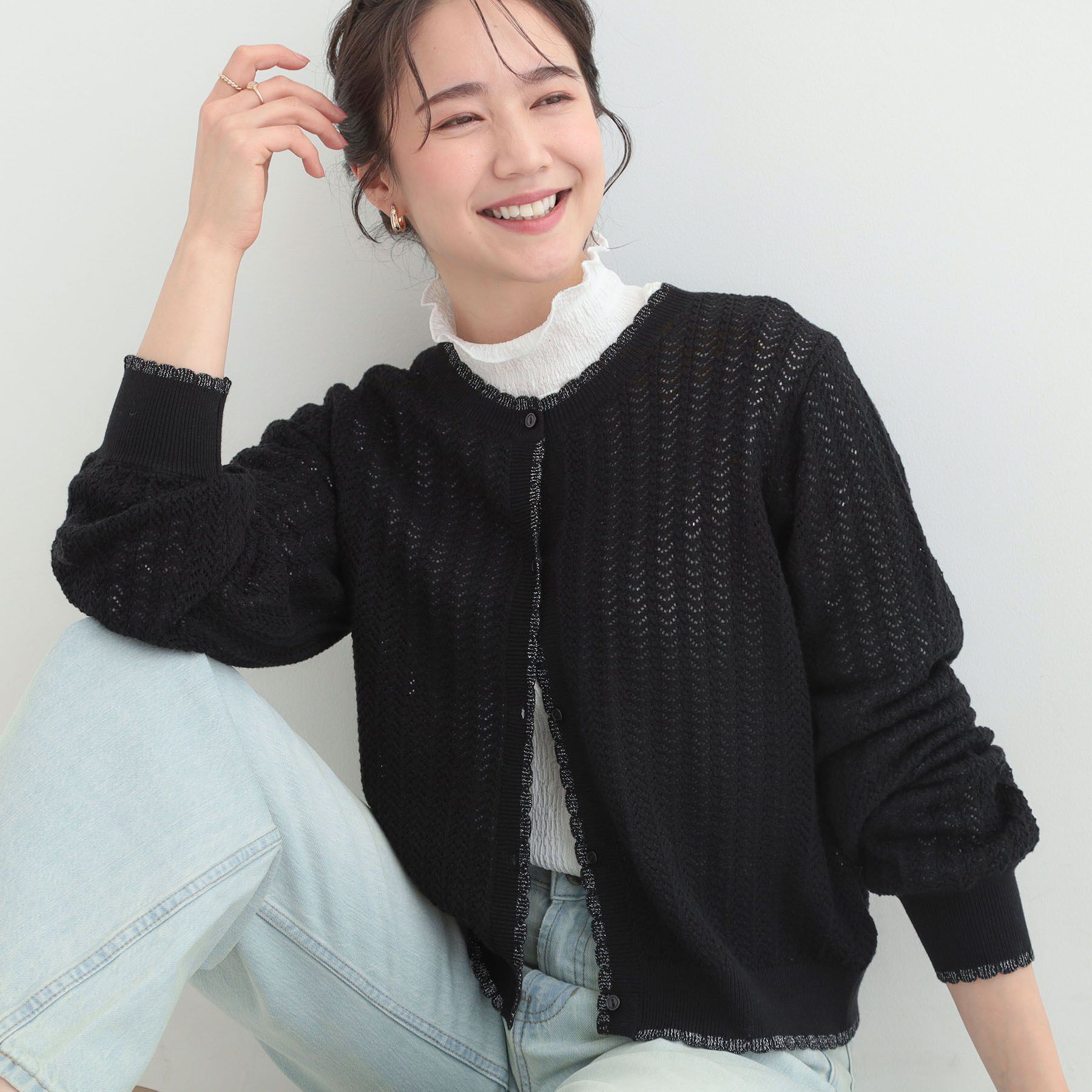 SHOO･LA･RUE「編み柄が上品 ラメ配色透かし編みカーディガン」|カーディガン|ブラック(019)