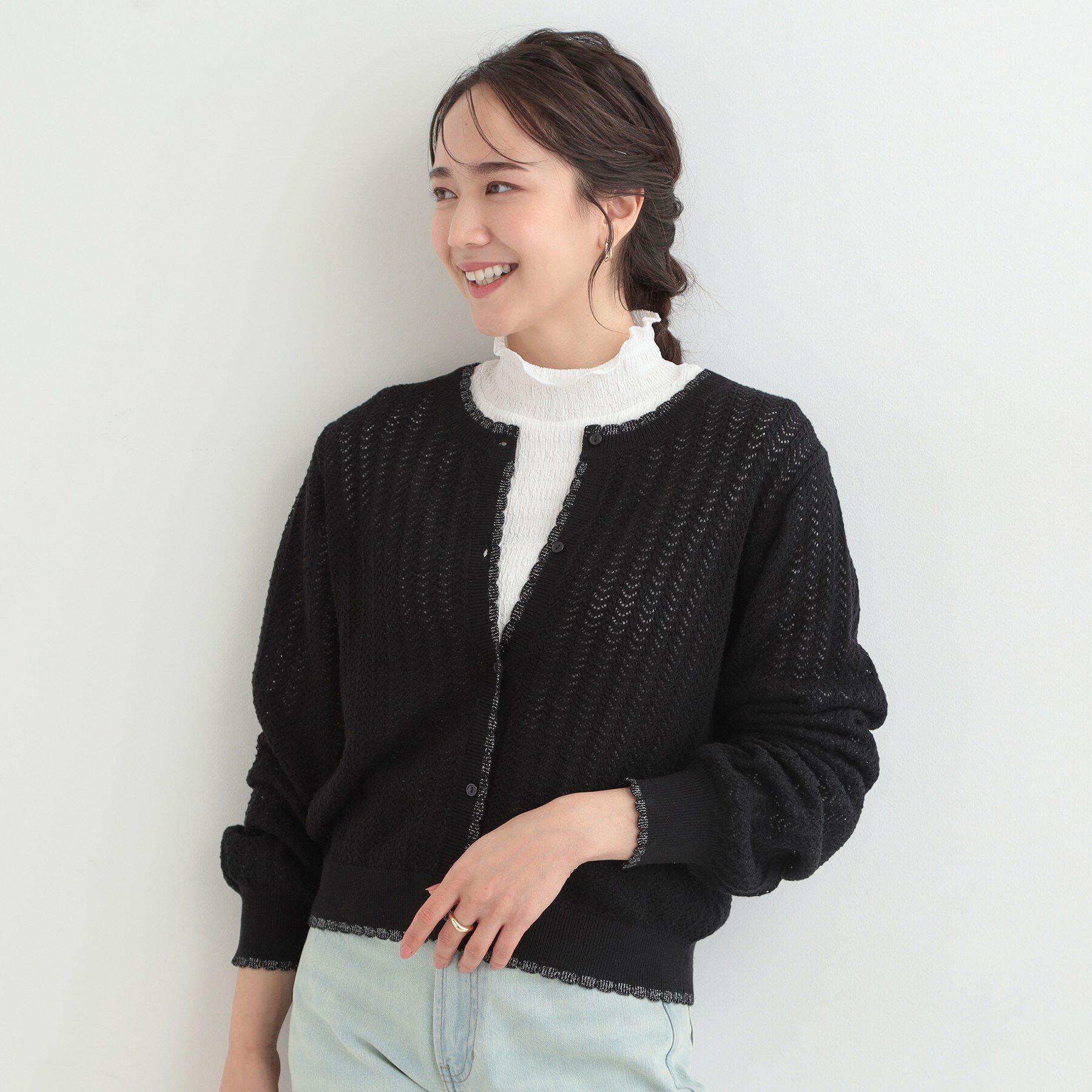 SHOO･LA･RUE「編み柄が上品 ラメ配色透かし編みカーディガン」|カーディガン|