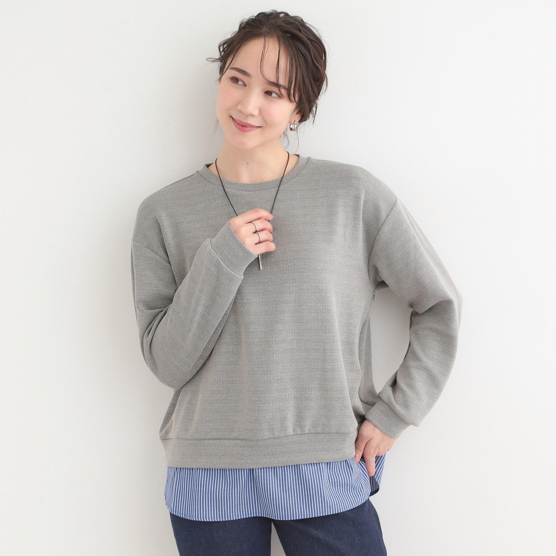 SHOO･LA･RUE「【洗濯機可】1枚でサマ見え ラメニットソー レイヤード風トップス」|Tシャツ・カットソー|