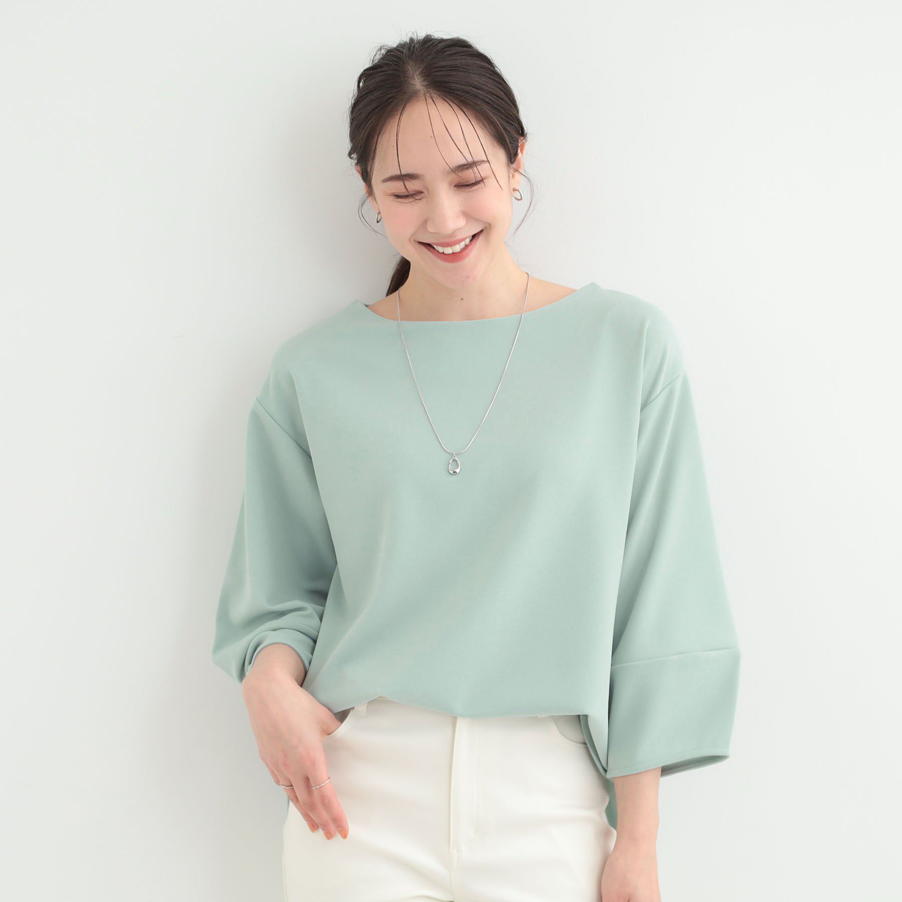 SHOO･LA･RUE「【2点セット/7分袖/S-LL】ランタンスリーブで女性らしい インせず着られる ネックレス付きブラウ」|シャツ・ブラウス|