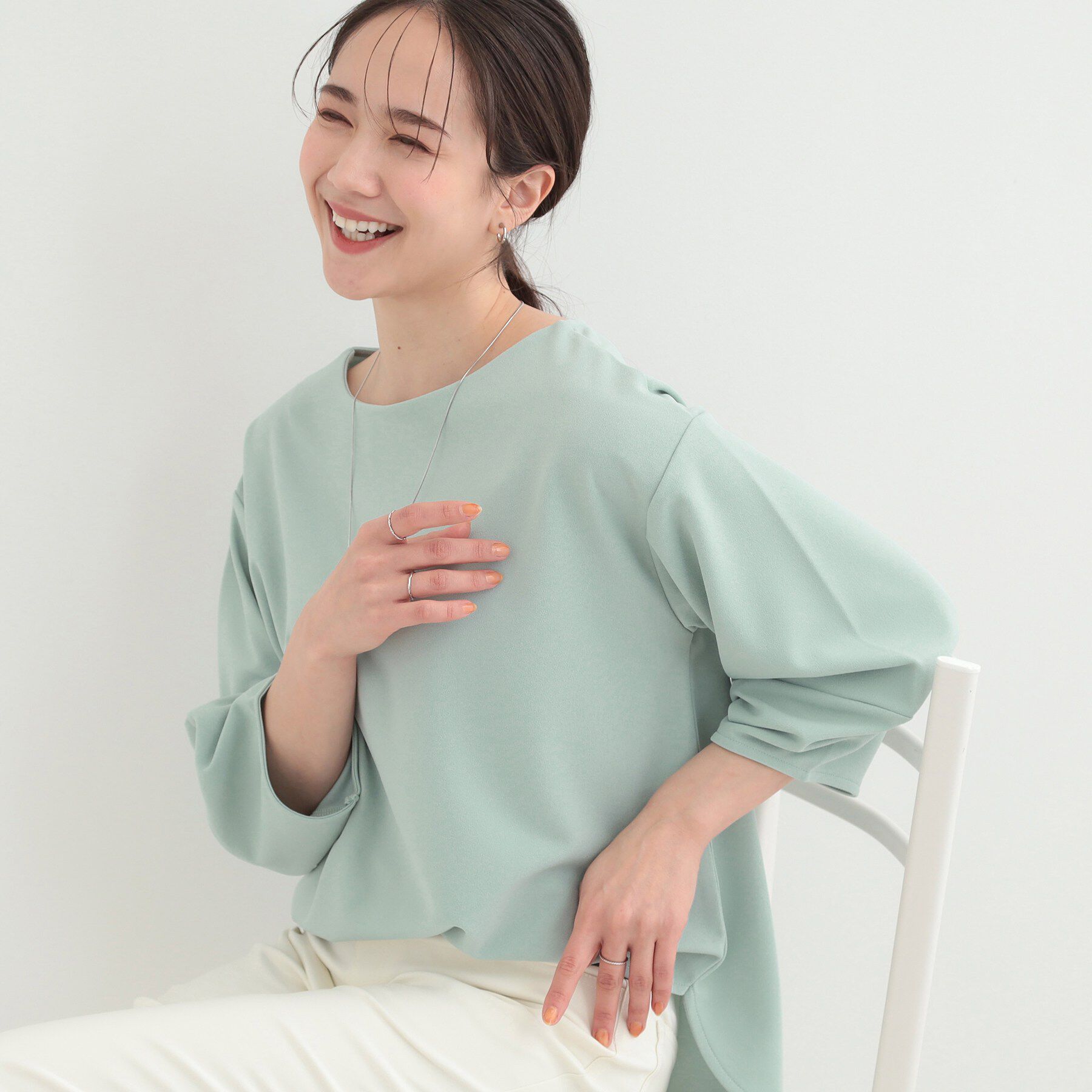 SHOO･LA･RUE「【2点セット/7分袖/S-LL】ランタンスリーブで女性らしい インせず着られる ネックレス付きブラウ」|シャツ・ブラウス|サックスブルー(09