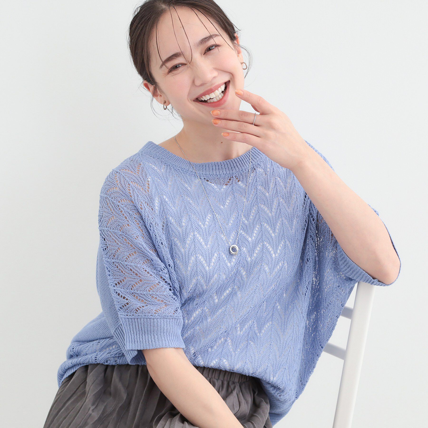 SHOO･LA･RUE「【2点セット/洗濯機可/S-LL】透かし編み柄で高級感　タンク付きドルマンニット」|その他|ブルー(092)