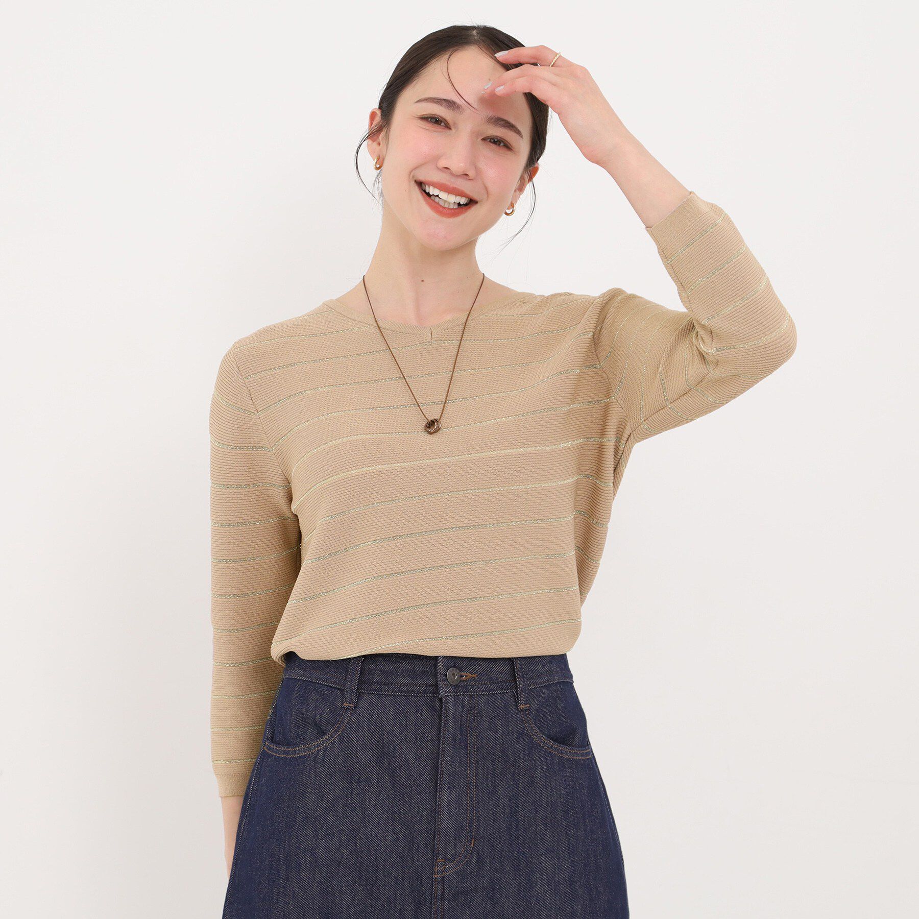 SHOO･LA･RUE「【洗濯機可/S-LL】デコルテがきれいに見えるVネックラメボーダーニット」|ニット・セーター|