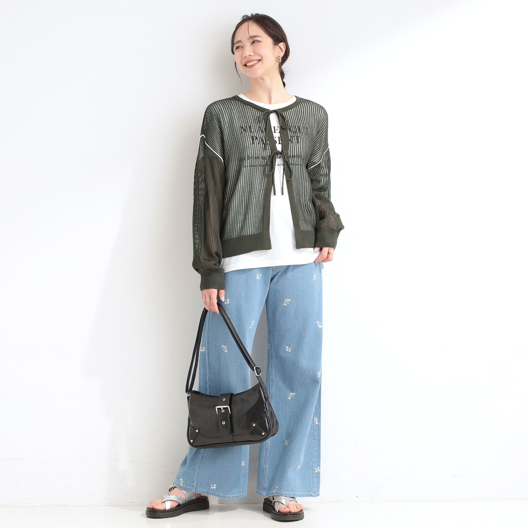 SHOO･LA･RUE「【前後2WAY/2点セット/洗濯機可/S-LL】メッシュリボンニット＆半袖ロゴT」|その他|