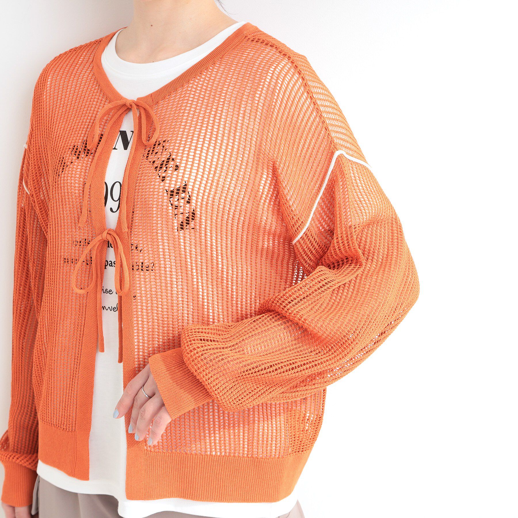 SHOO･LA･RUE「【前後2WAY/2点セット/洗濯機可/S-LL】メッシュリボンニット＆半袖ロゴT」|その他|