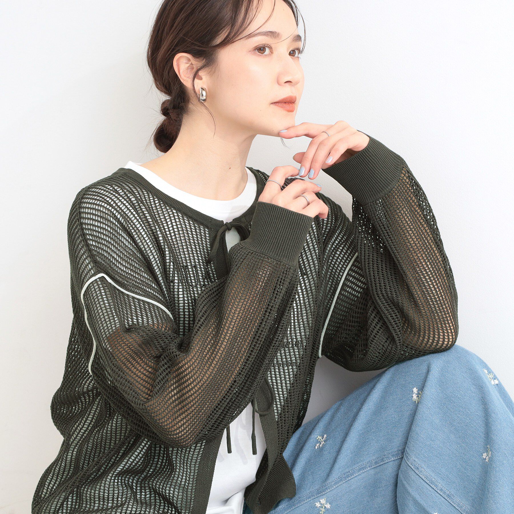 SHOO･LA･RUE「【前後2WAY/2点セット/洗濯機可/S-LL】メッシュリボンニット＆半袖ロゴT」|その他|チャコールグレー(0