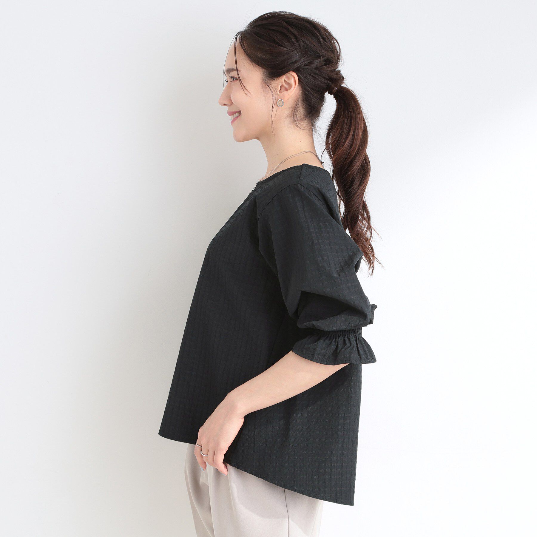 SHOO･LA･RUE「【セットアップ可/S-LL/洗濯機可】二の腕もカバーしてくれる　さらっとした着心地のサッカーチェック」|シャツ・ブラウス|