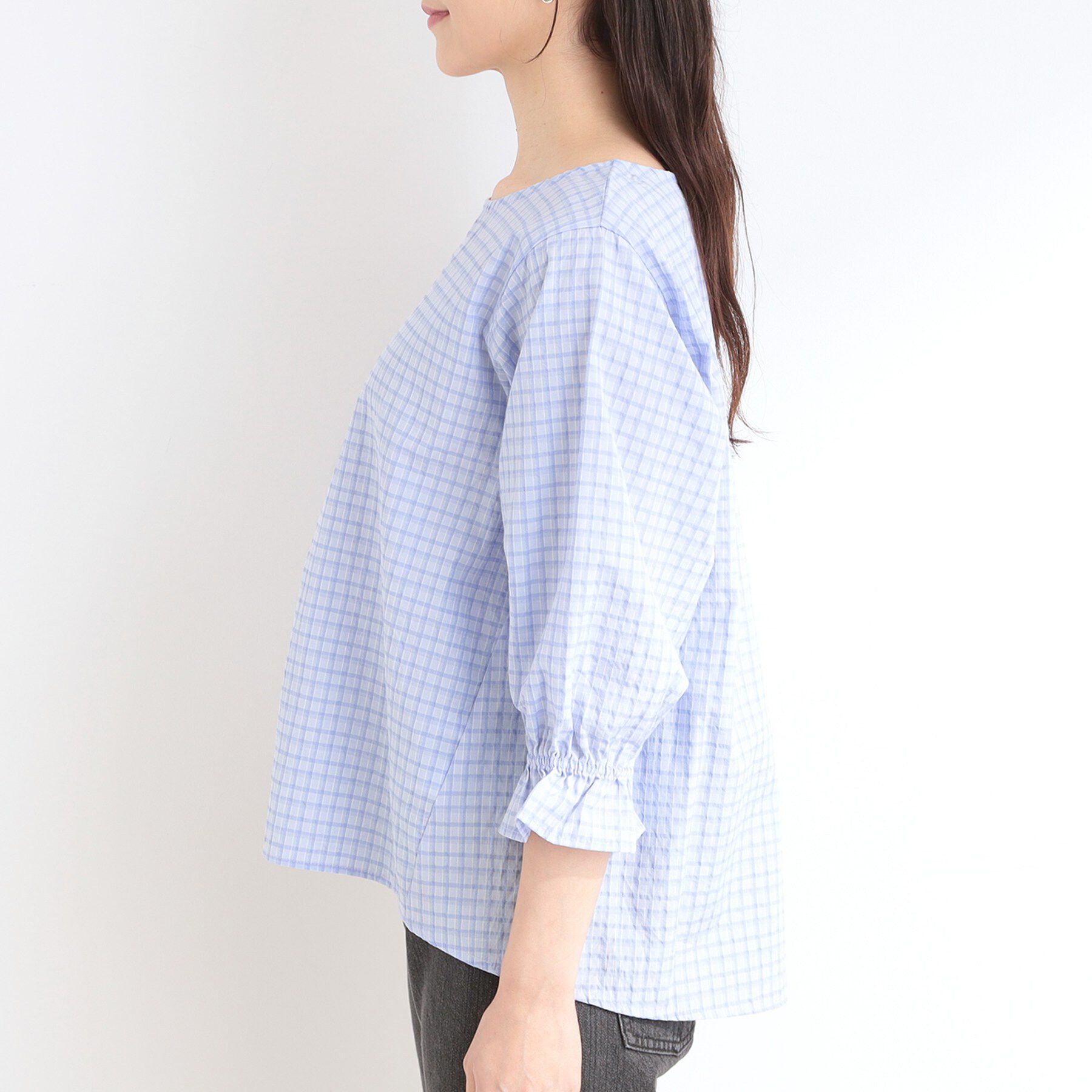 SHOO･LA･RUE「【セットアップ可/S-LL/洗濯機可】二の腕もカバーしてくれる　さらっとした着心地のサッカーチェック」|シャツ・ブラウス|
