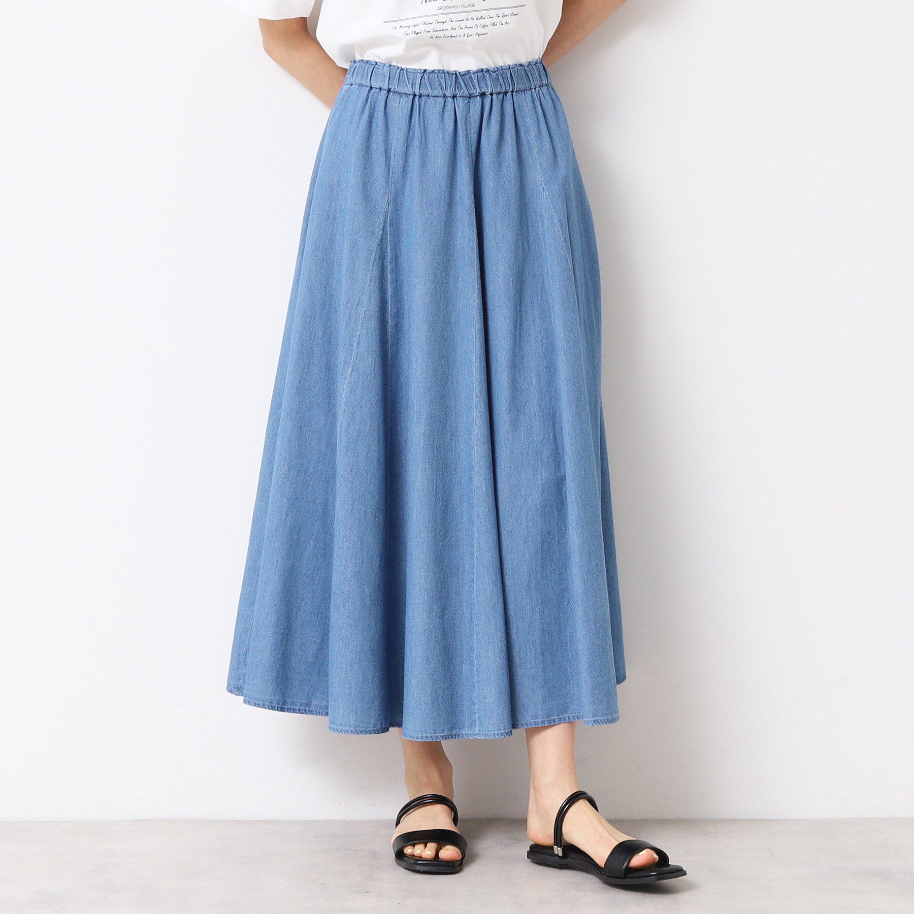 Dessin「【ウエストゴム・洗える】綿麻デニムフレアースカート」|スカート|