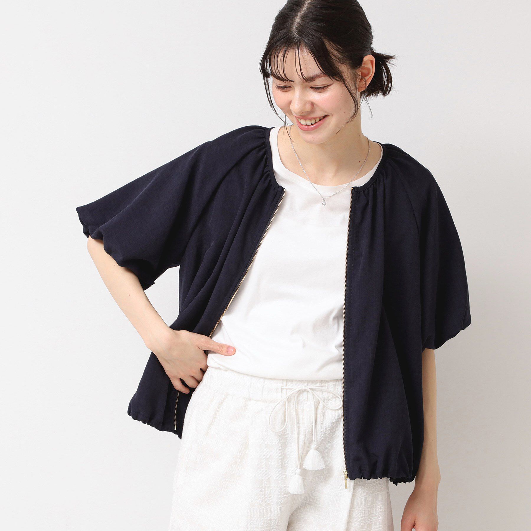 Dessin「【洗える】ドローコード付きバルーン袖ブルゾン」|ブルゾン・スタジャン|ネイビー(094)