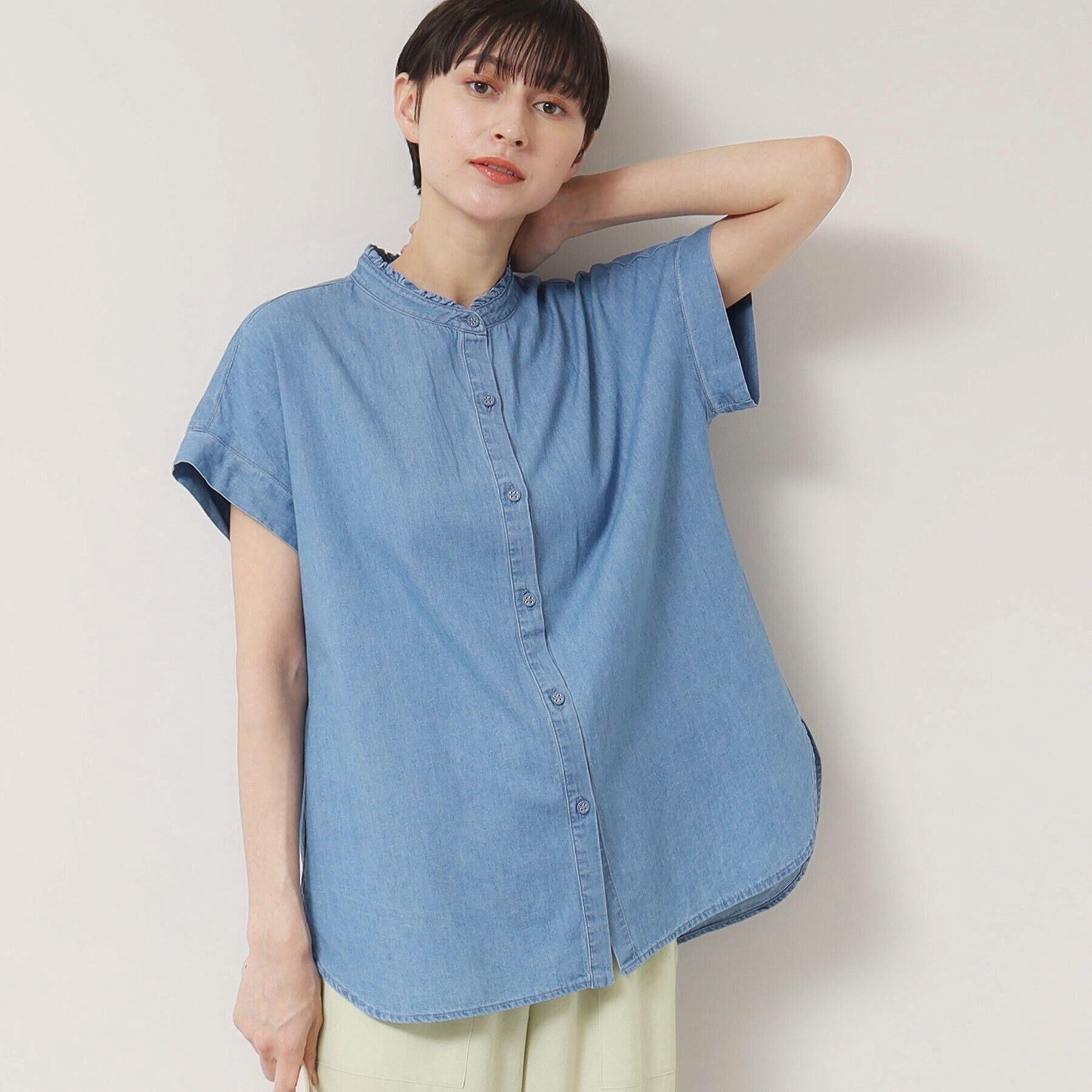Dessin「【洗える】リネンブレンドデニムフリルシャツ」|シャツ・ブラウス|ブルー(091)