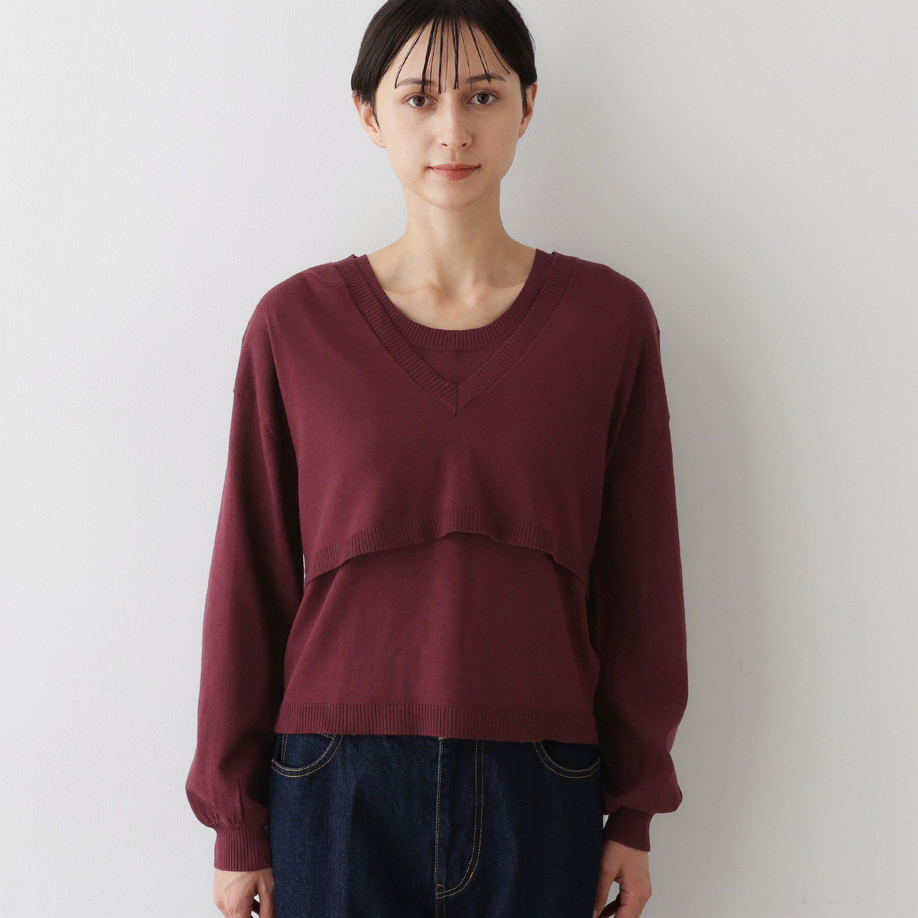 Dessin「【2点セット/3WAY/洗える】ノースリーブインナー付きVネックショート丈ニット」|ニット・セーター|