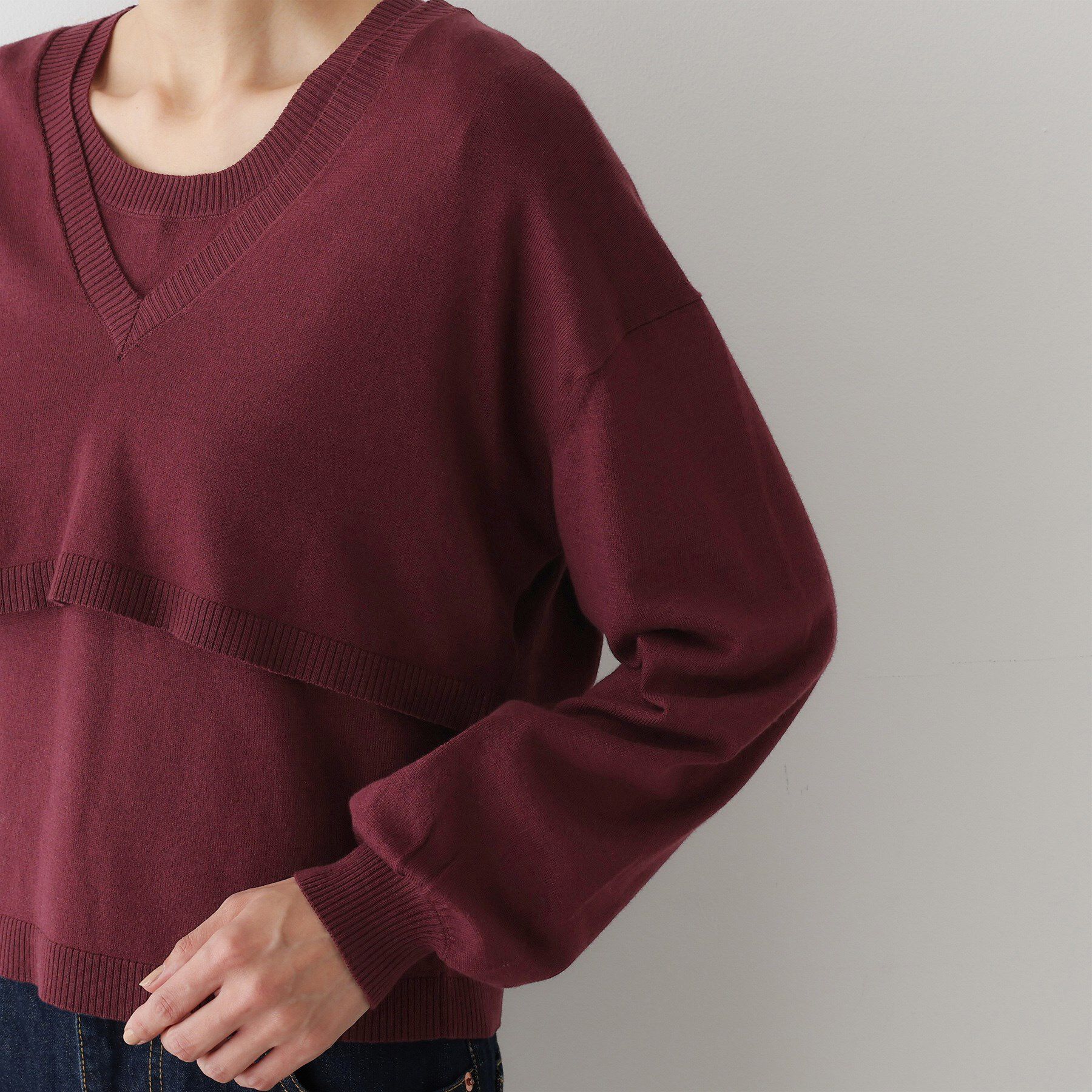 Dessin「【2点セット/3WAY/洗える】ノースリーブインナー付きVネックショート丈ニット」|ニット・セーター|