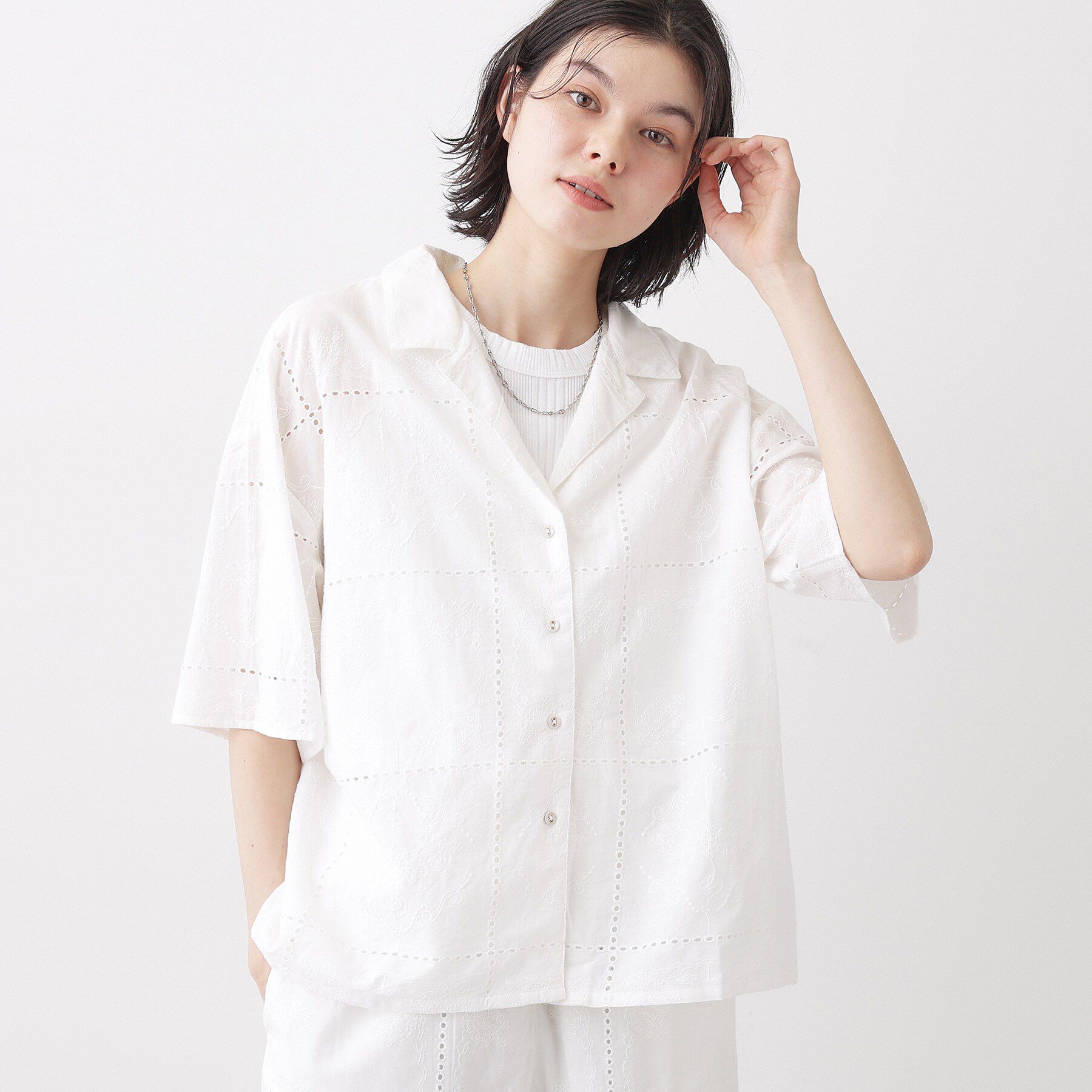 Dessin「【セットアップ可/洗える】刺繍スクエアレースシャツ」|シャツ・ブラウス|ホワイト(002)