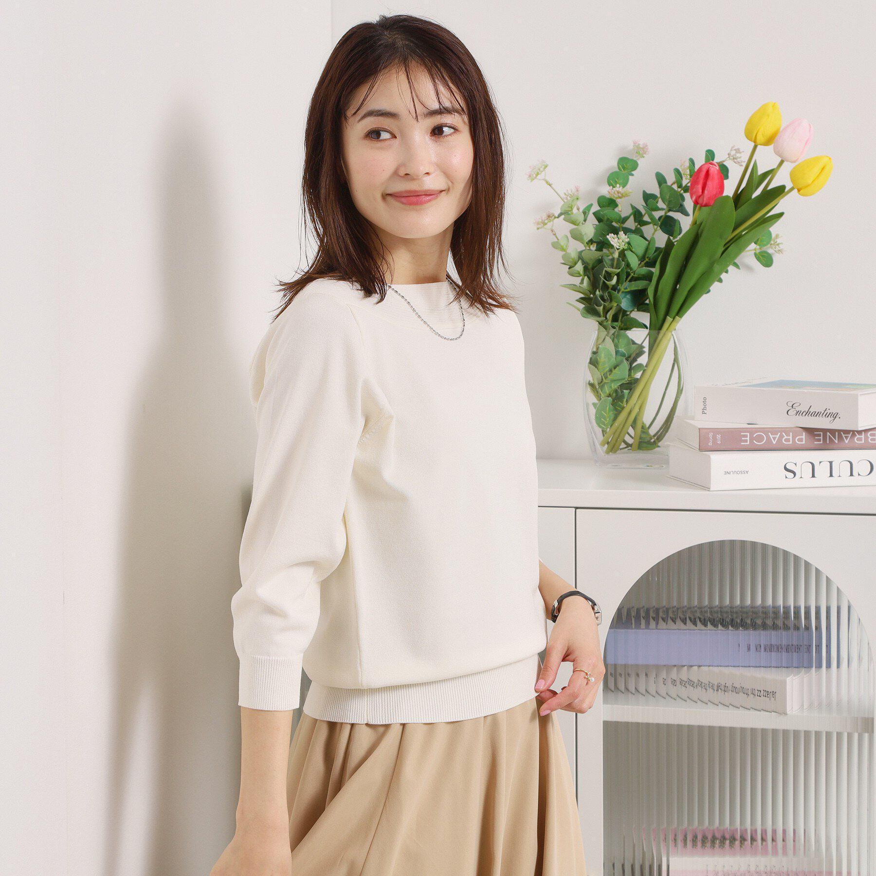 ITS&rsquo;DEMO「【縮みに強い／毛玉防止／洗濯機OK】タフニット 襟ぐり編地切替ニットプルオーバー」|ニット・セーター|