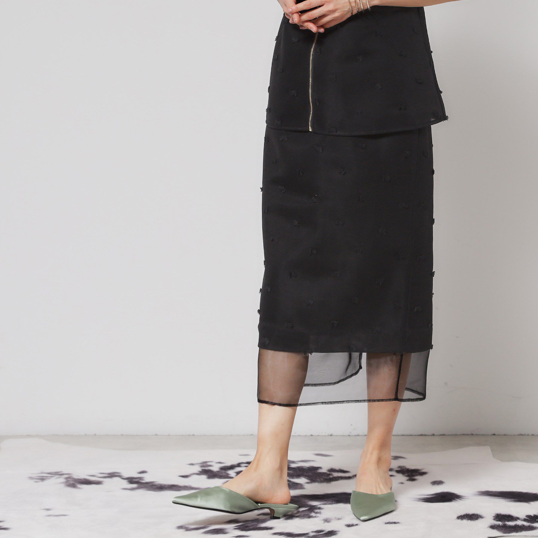 SunaUna「【シアー／ウエストゴム】リボンジャカードスカート」|スカート|ブラック(019)