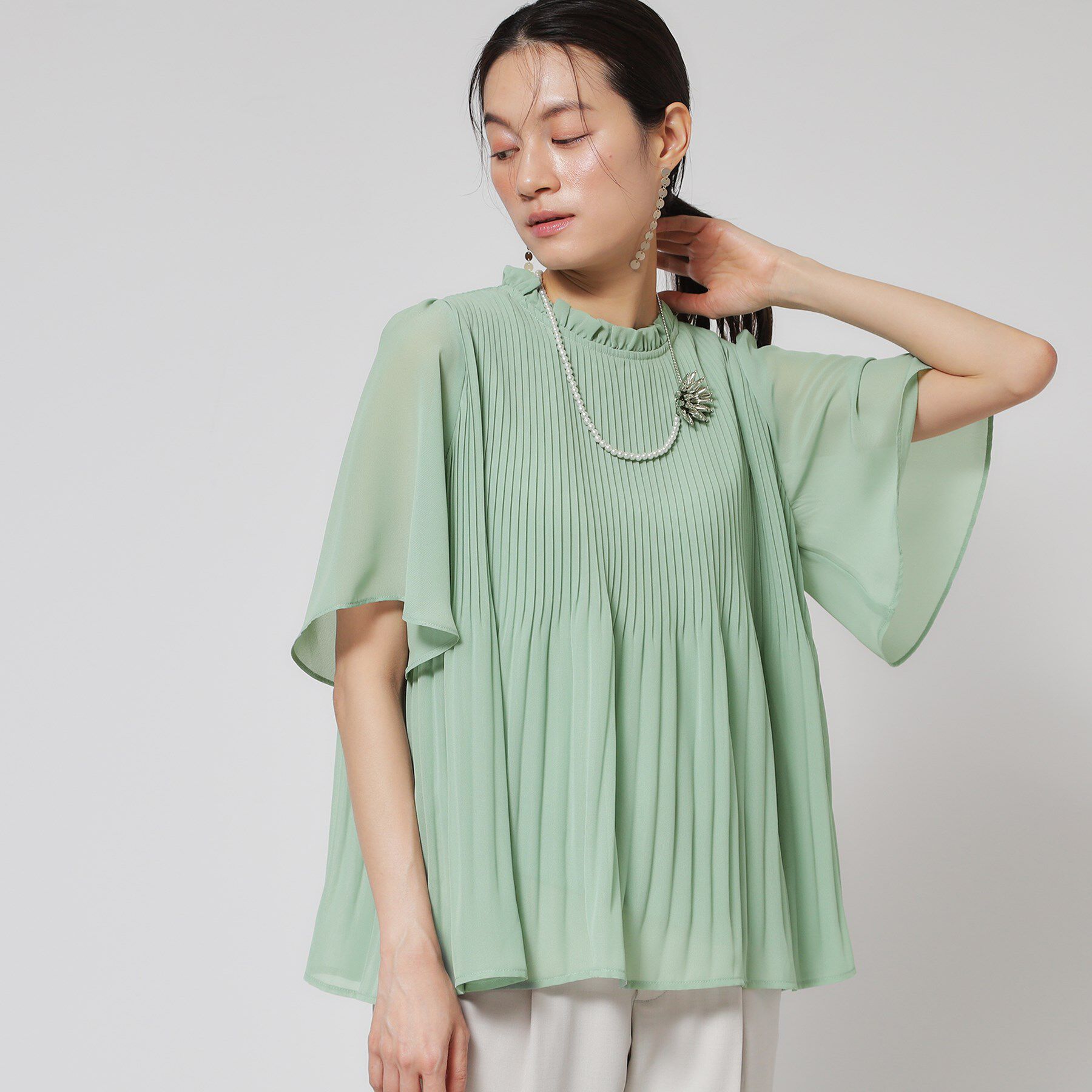 SunaUna「【プリーツ／フレアスリーブ】Aラインブラウス」|シャツ・ブラウス|ミントグリーン(02