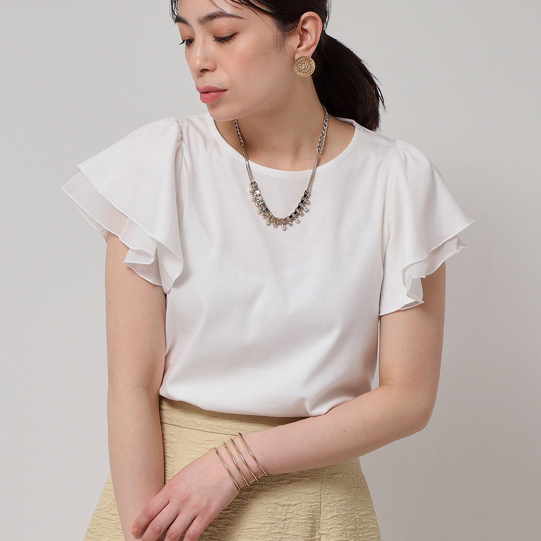 SunaUna「【接触冷感／S～Lサイズ展開】シフォン使いフレアスリーブカットソー」|Tシャツ・カットソー|