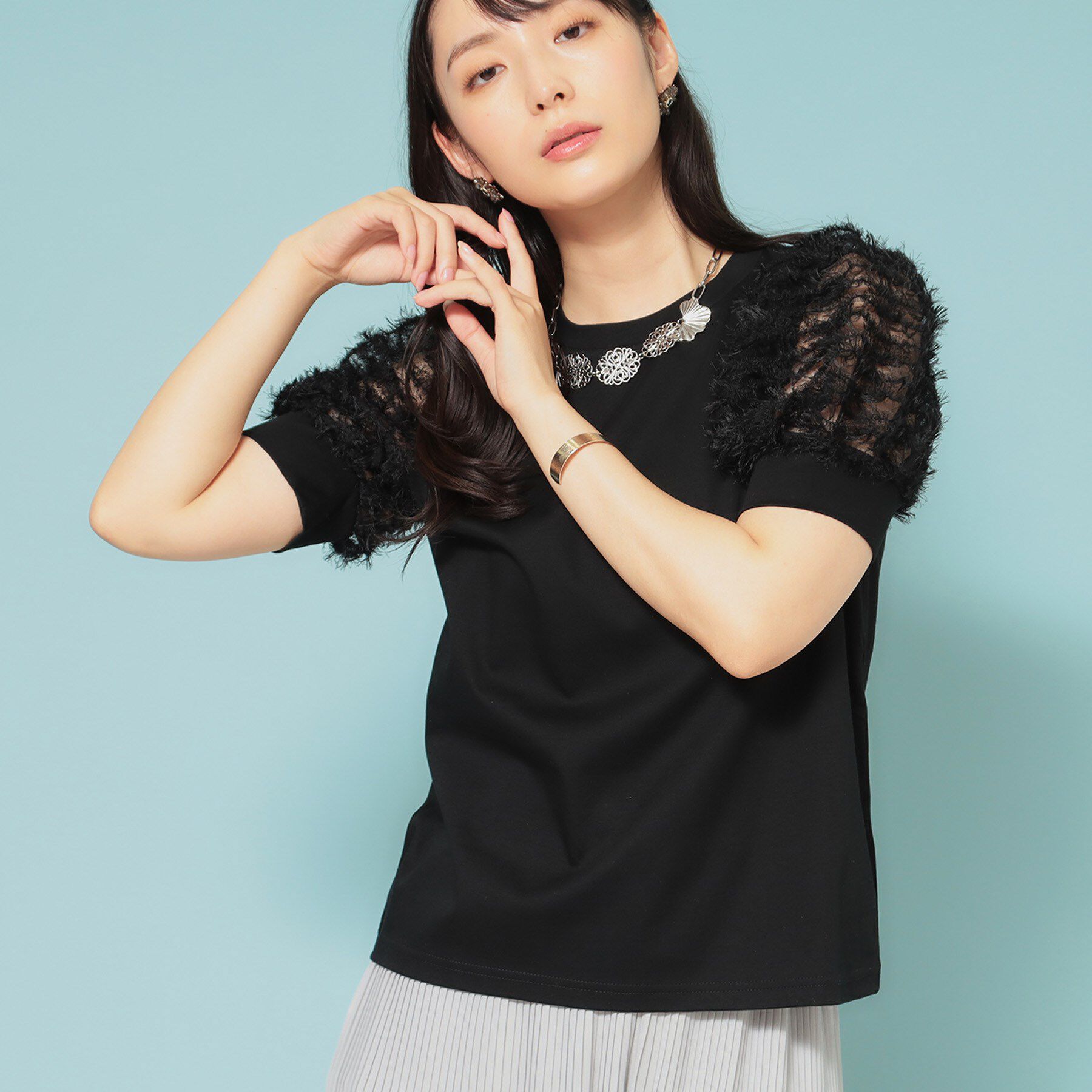 SunaUna「【チュール袖】パフスリーブカットソー」|Tシャツ・カットソー|ブラック(019)