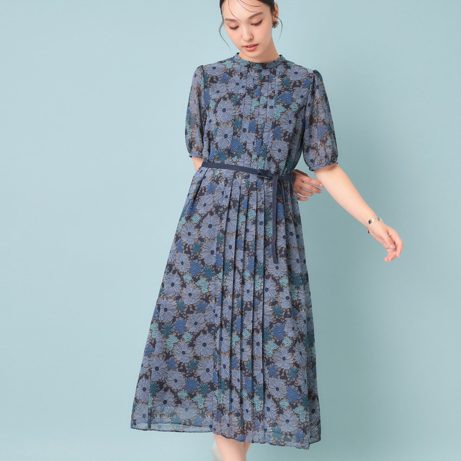 SunaUna「【&yours project／SS～L】レース柄プリーツワンピース」|ワンピース|ネイビー(194)