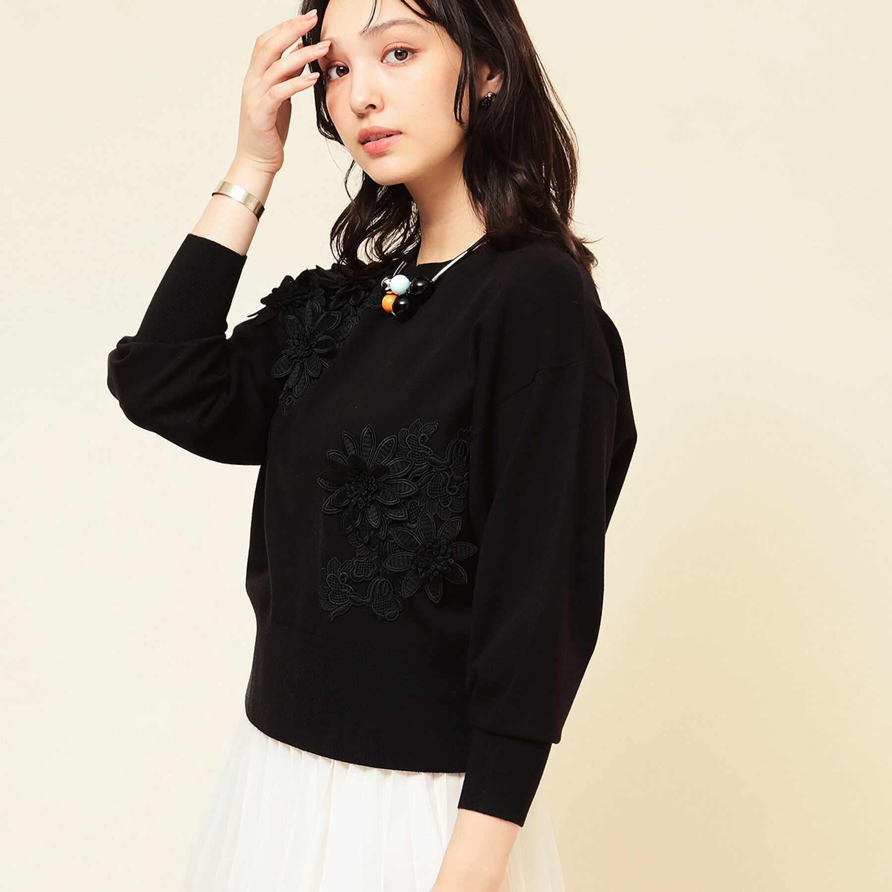 SunaUna「【COLLECTION LINE】レースニット」|ニット・セーター|ブラック(019)