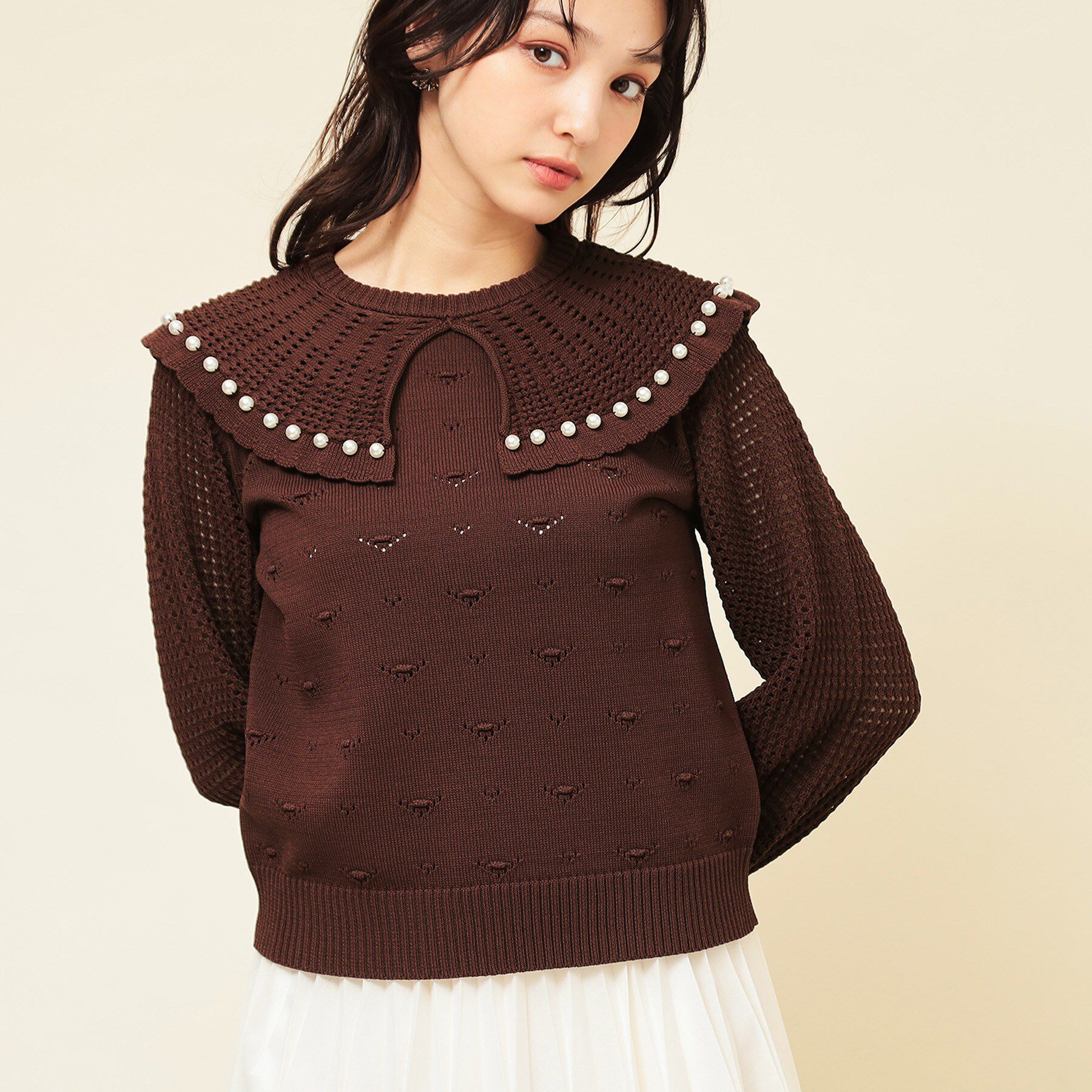 SunaUna「【COLLECTION LINE】透かしパール調ニット」|ニット・セーター|ブラウン(045)