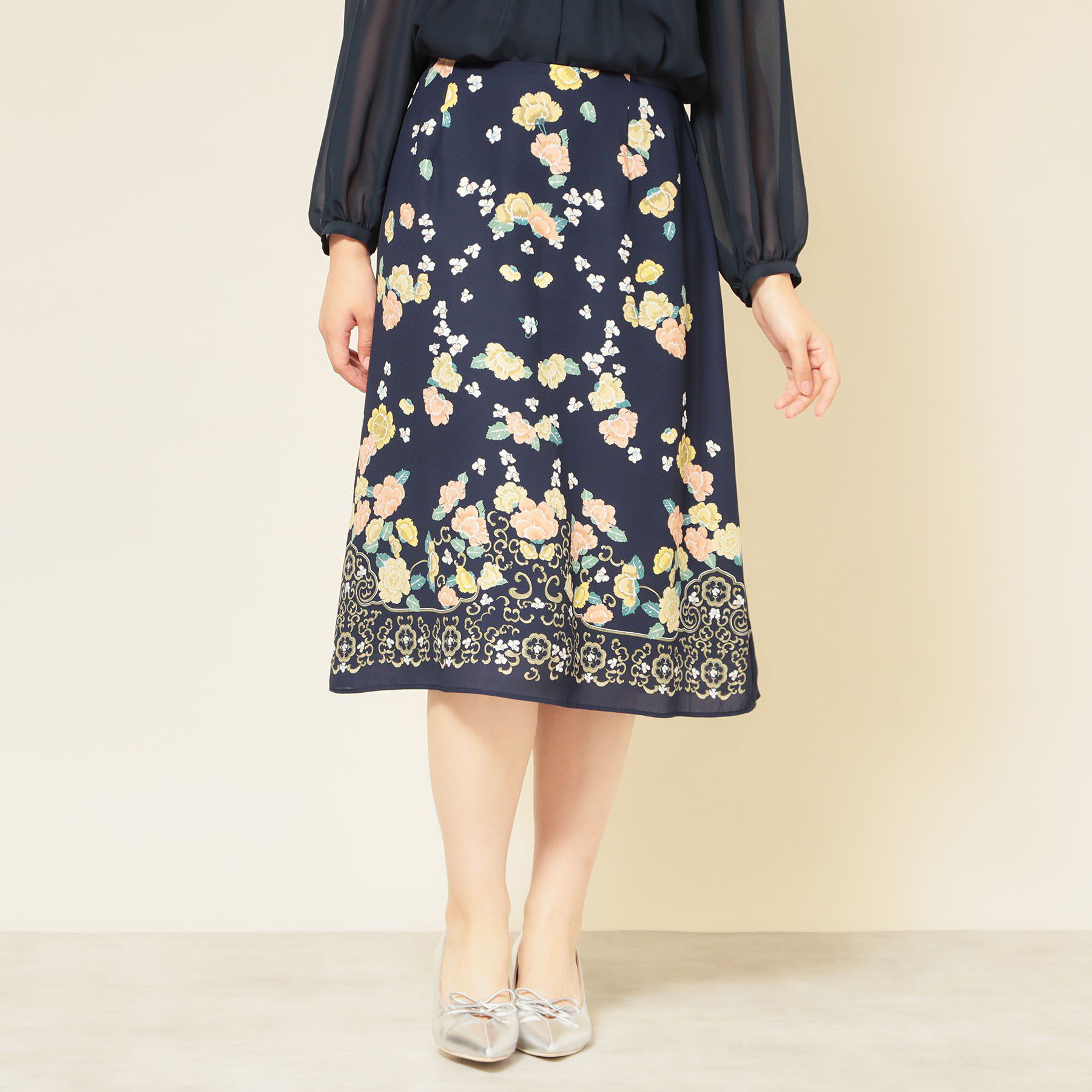 SunaUna「【co creation and yours／SS～L】オリエンタル柄パネルスカート」|スカート|ネイビー(194)