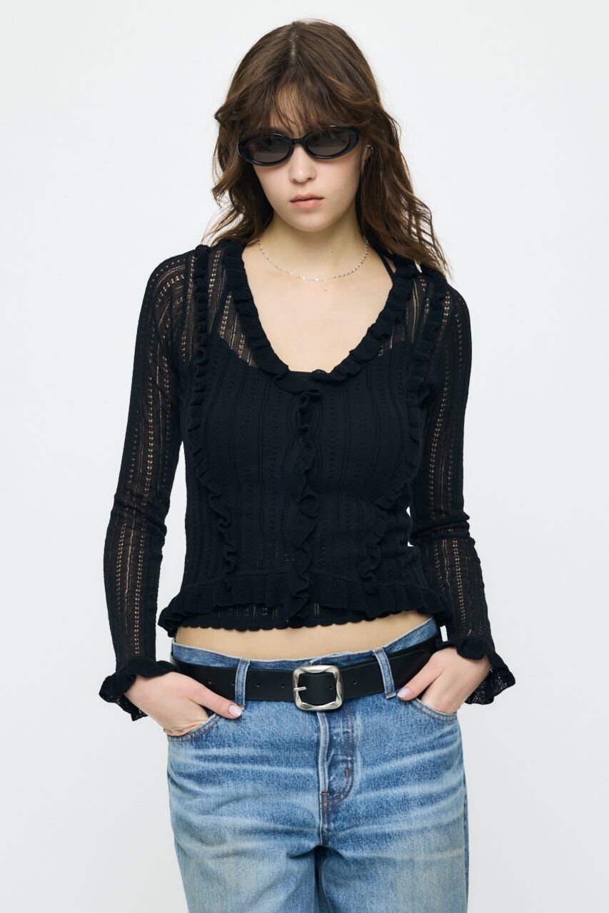 MOUSSY「POINTELLE RUFFLE カーディガン＆キャミソール」|ニット・セーター|BLK
