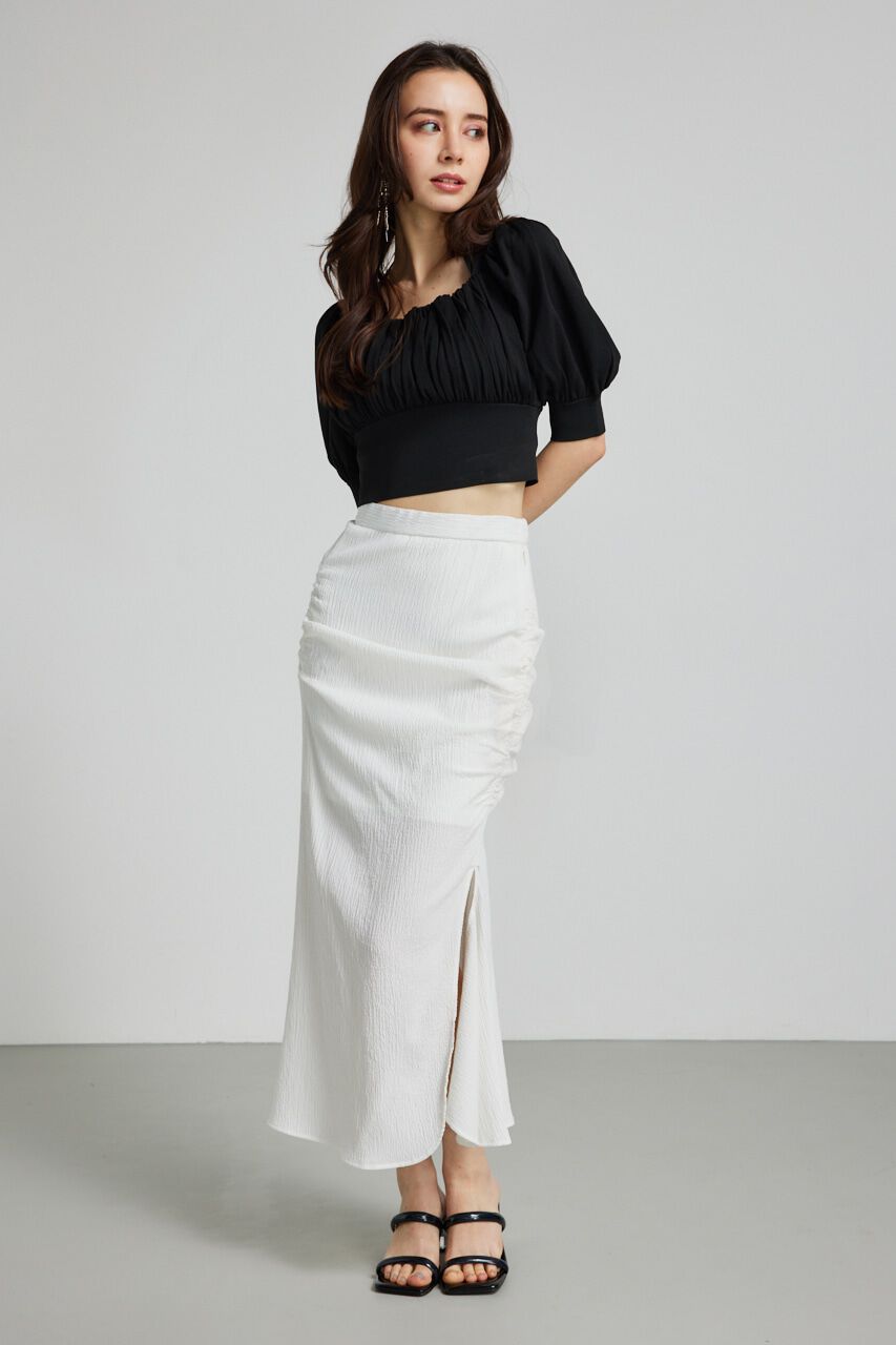 rienda「バストギャザークロップハーフSLV Knit TOP」|ニット・セーター|