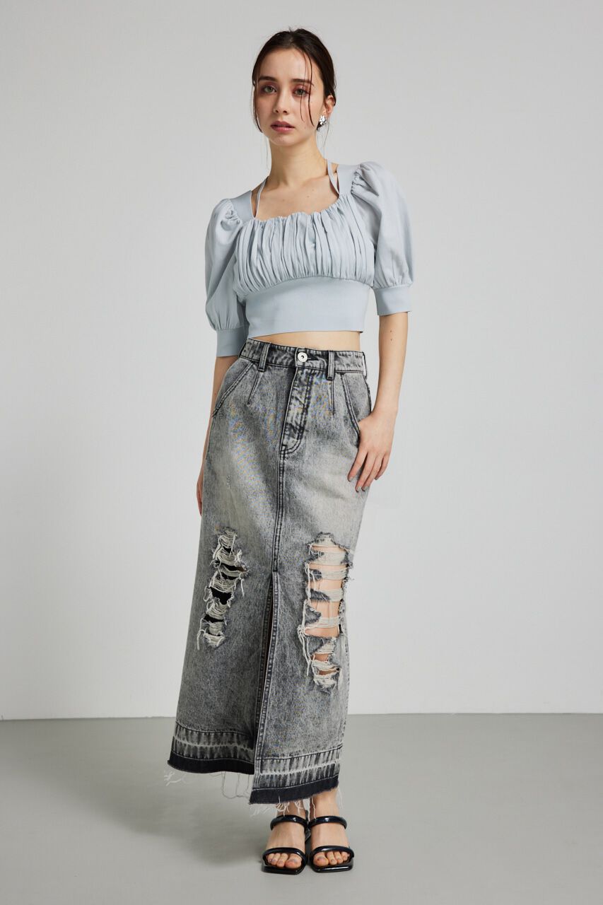 rienda「バストギャザークロップハーフSLV Knit TOP」|ニット・セーター|