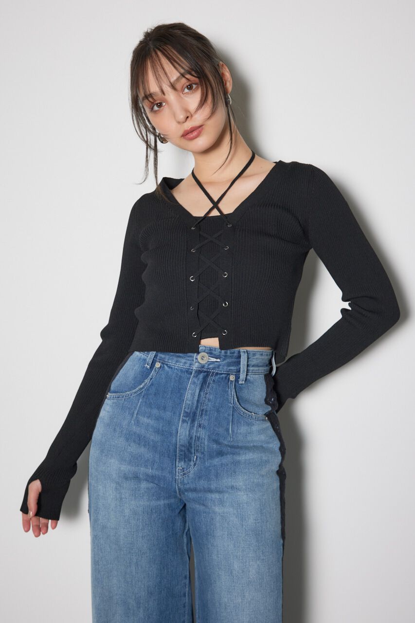 rienda「レースアップリブニットトップス」|ニット・セーター|