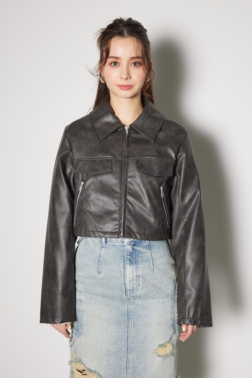 rienda「フェイクレザーポケットデザインショートジャケット」|その他|