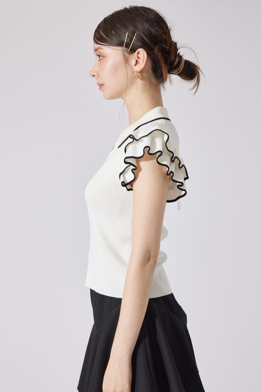 rienda「ハーフジップフリルショルダーニットトップス」|ニット・セーター|