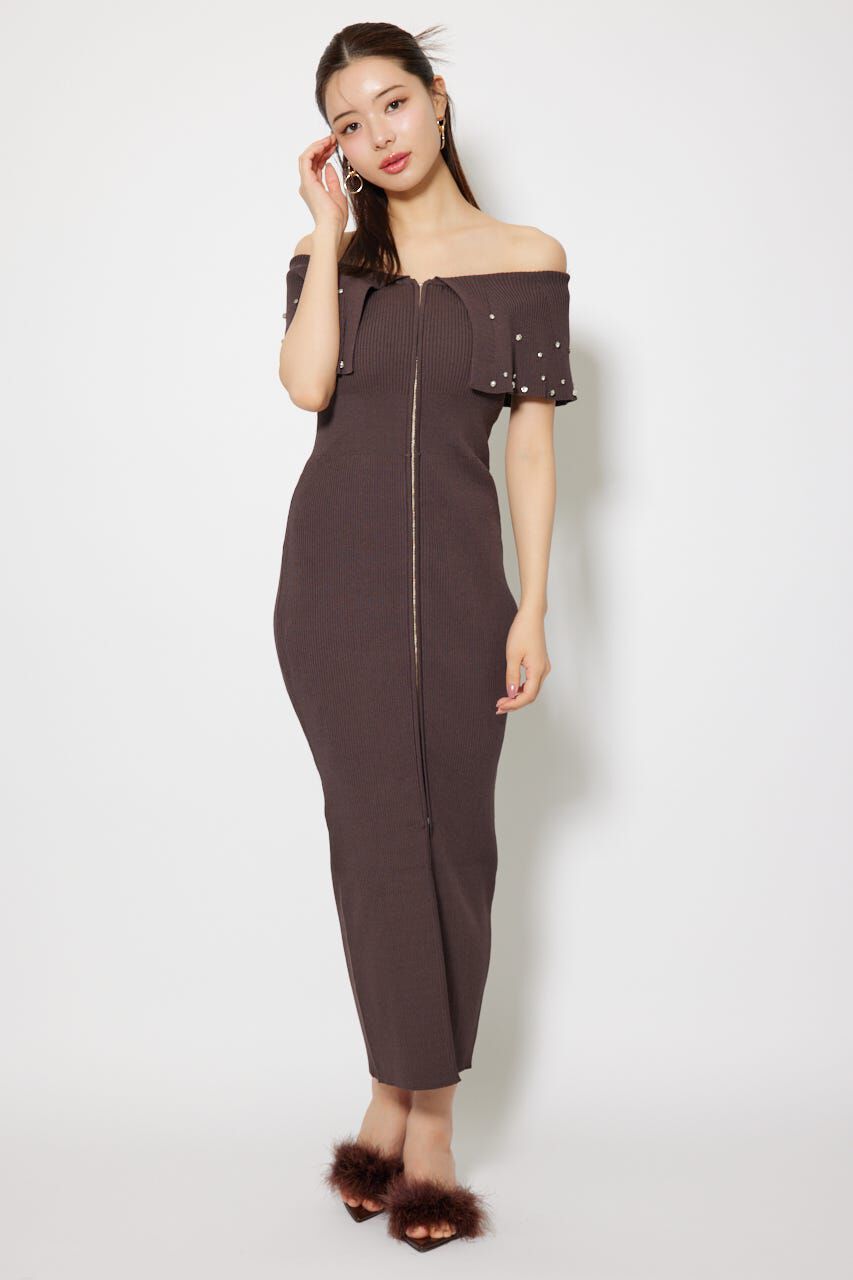 rienda「2WAYオフショルビジューカラーハーフスリーブニットワンピース」|ワンピース|