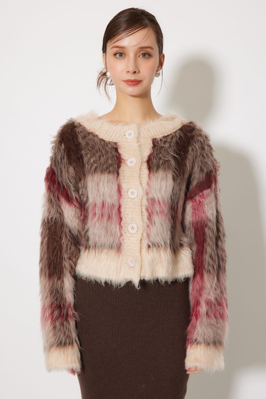 rienda「2WAYロングシャギーチェックショートニットカーディガン」|カーディガン|