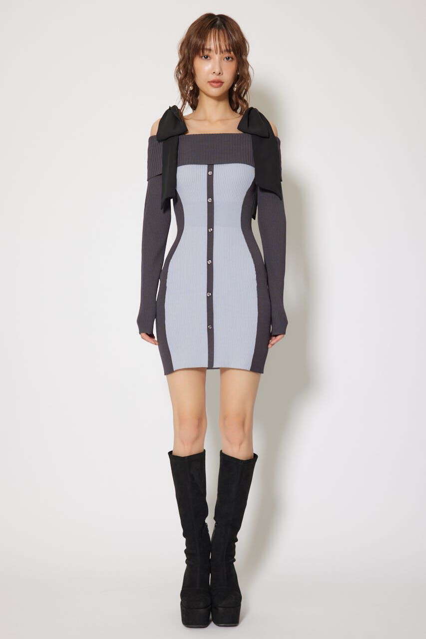 rienda「バイカラーオフショルリボンニットミニワンピース」|ワンピース|