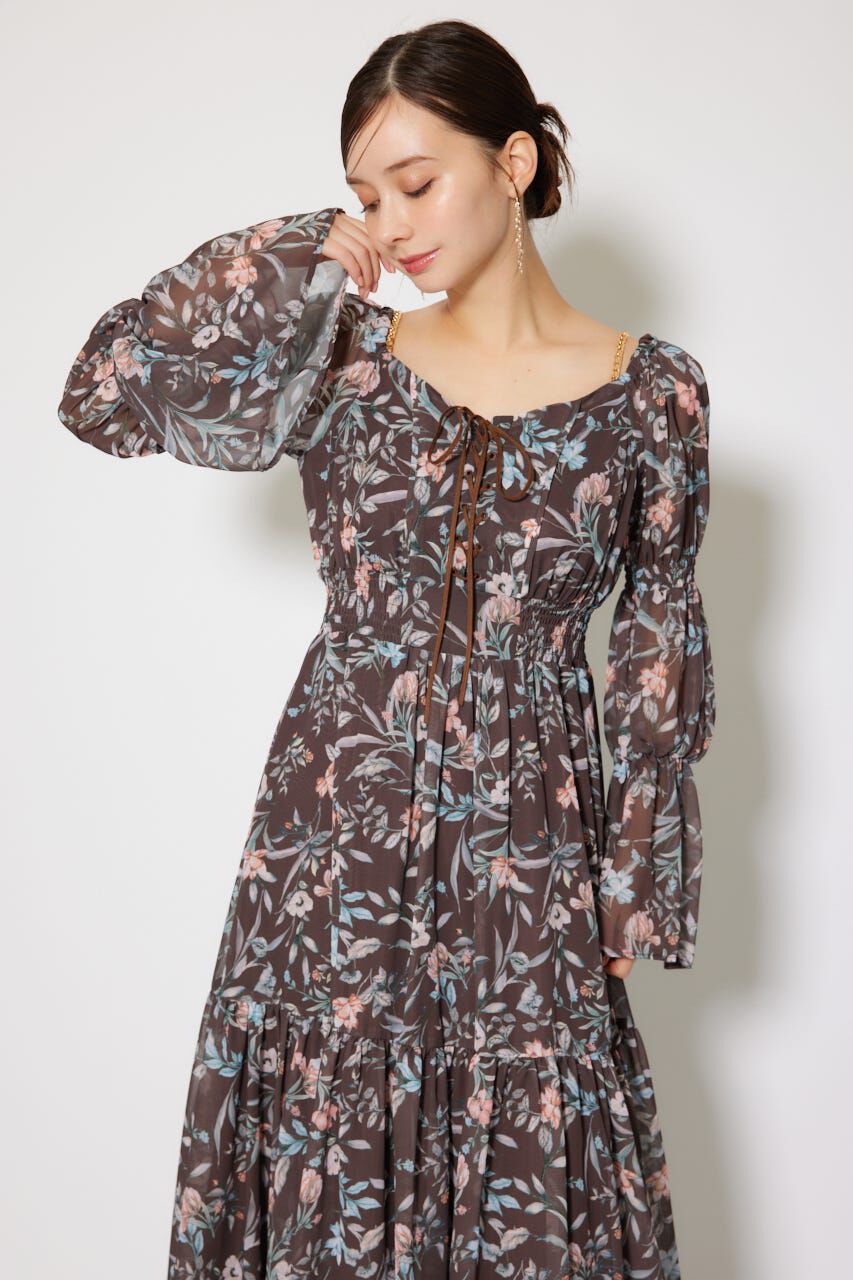 rienda「レースアップフラワーパターンフレアワンピース」|ワンピース|