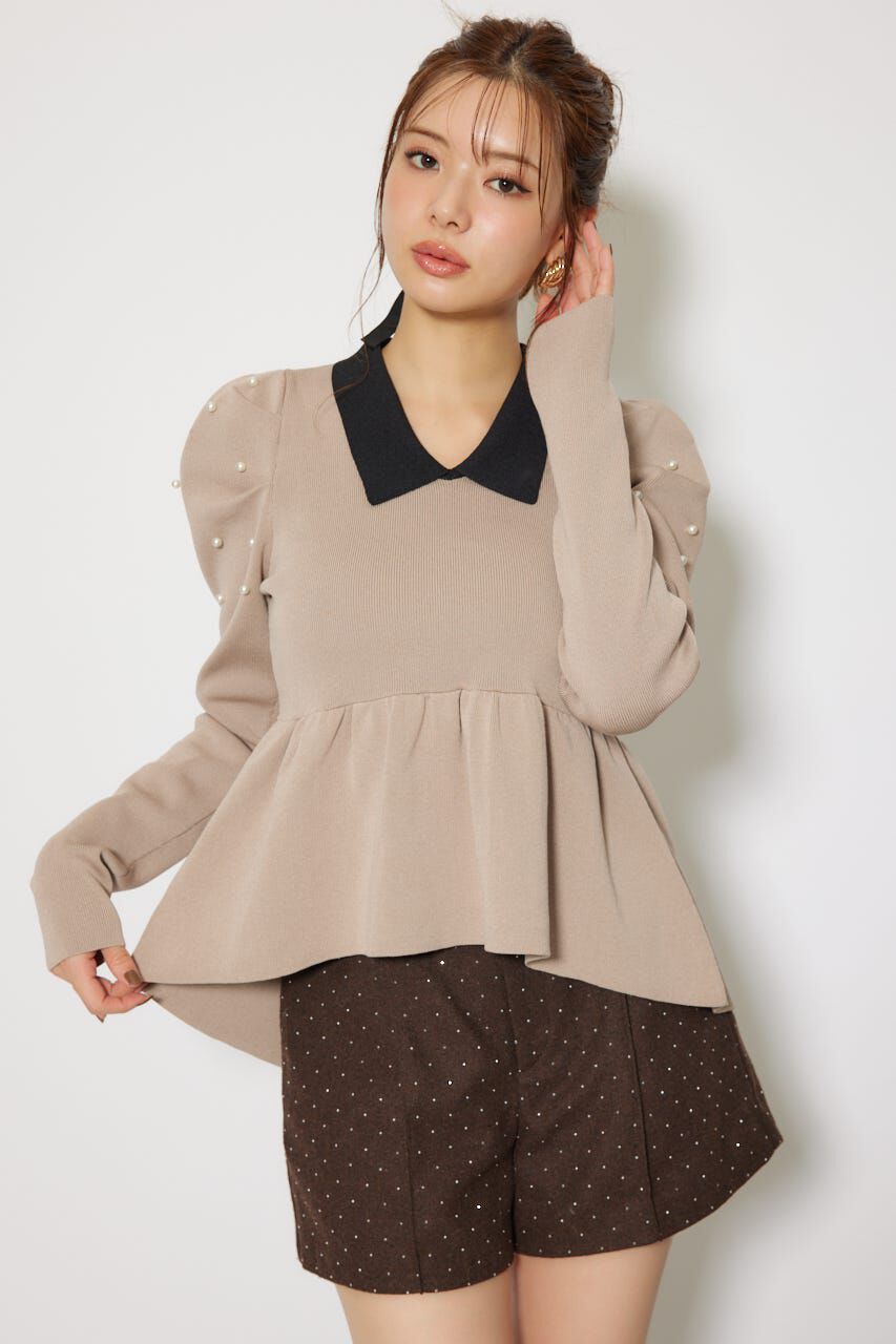 rienda「パール付きペプラムニットトップス」|ニット・セーター|BEG