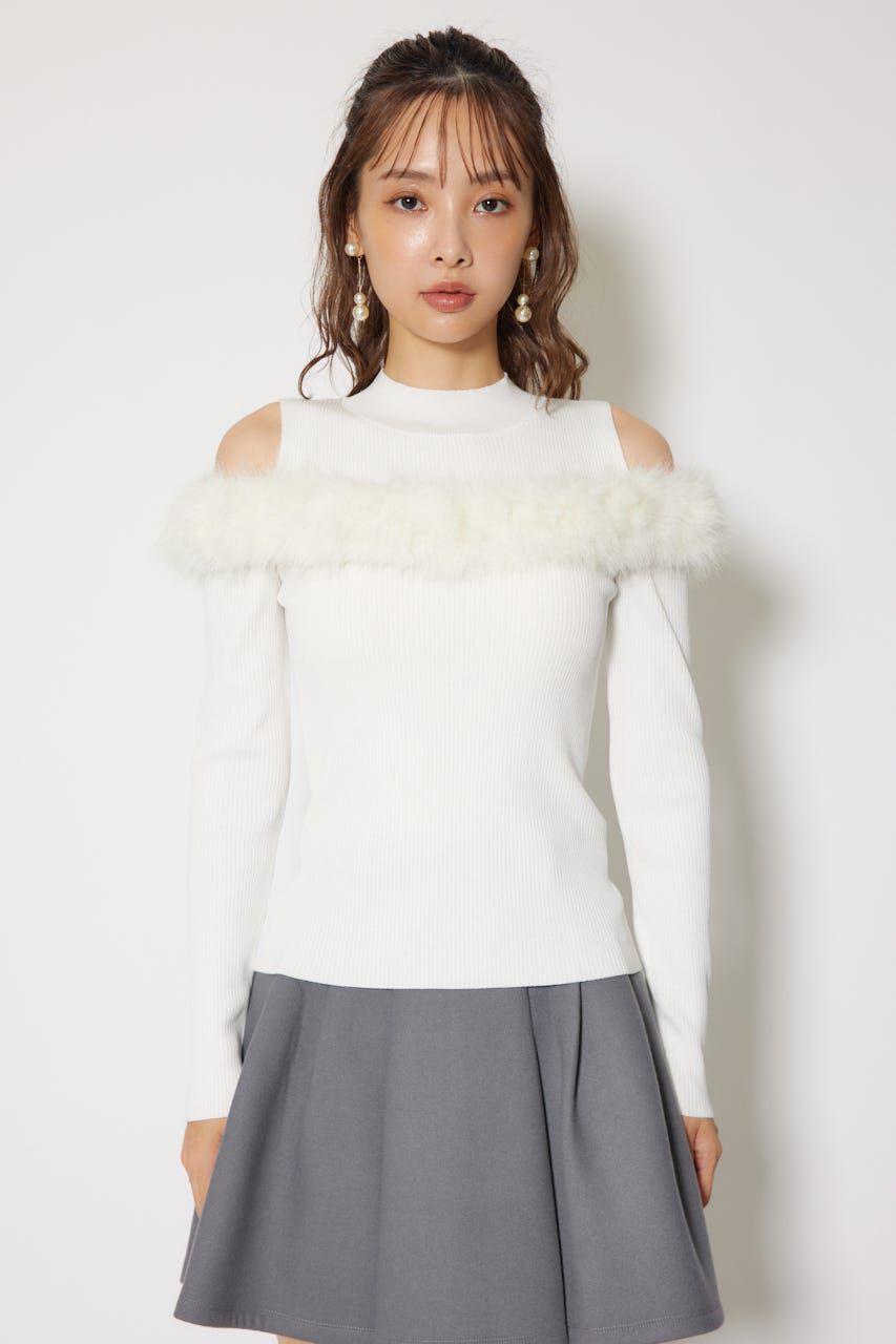 rienda「ショルダーオープンフェイクファーニットトップス」|ニット・セーター|