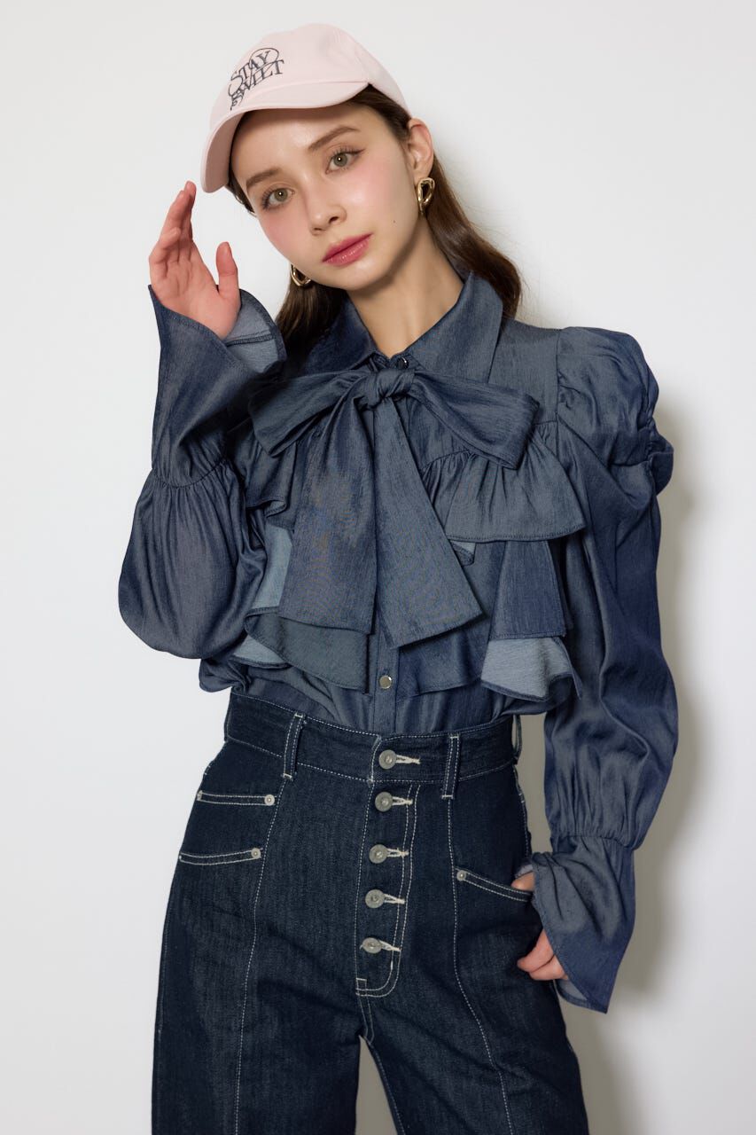 rienda「BIGリボンダンガリーパターンブラウス」|シャツ・ブラウス|