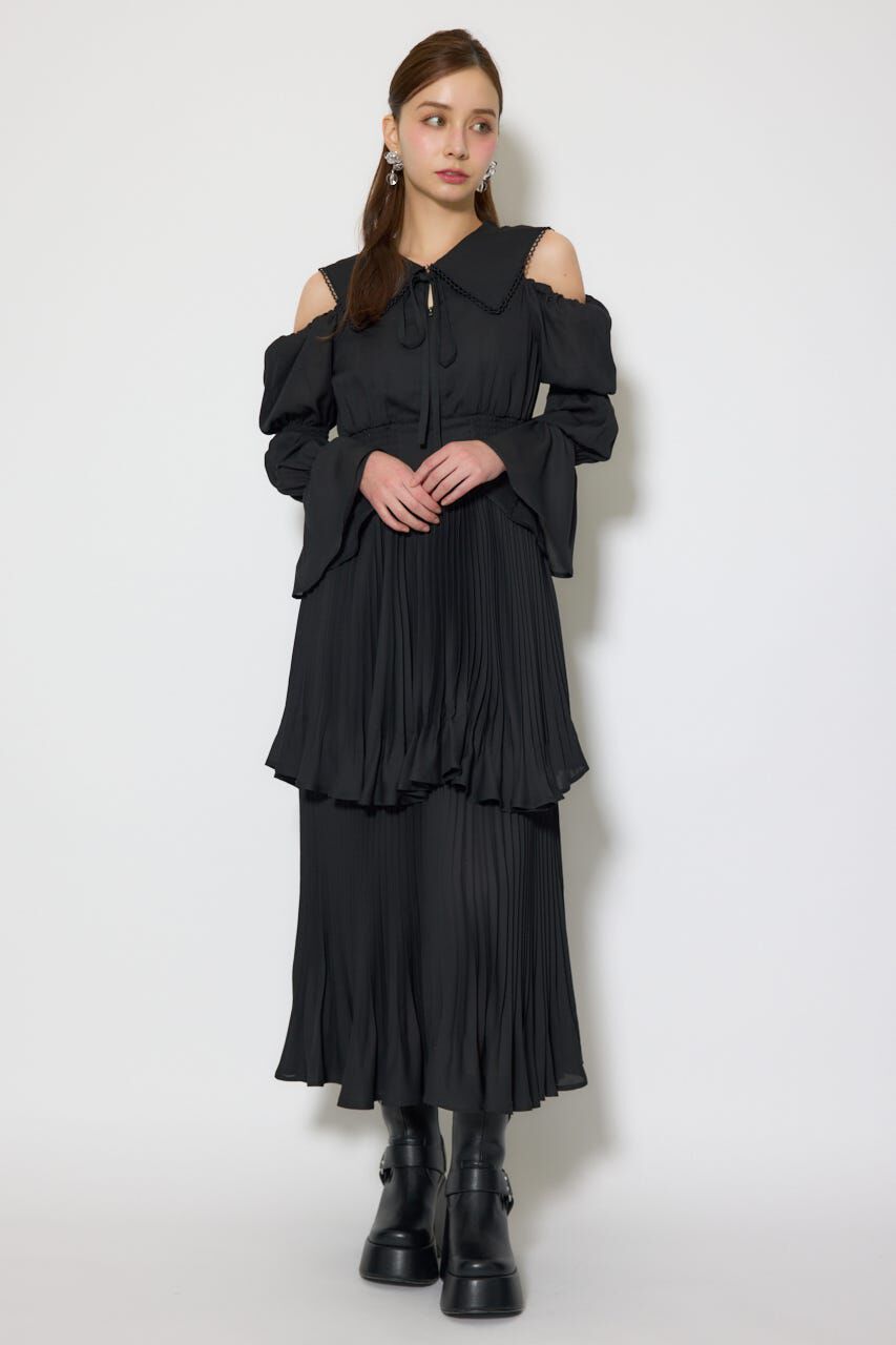 rienda「BIGカラープリーツフレアワンピース」|ワンピース|BLK