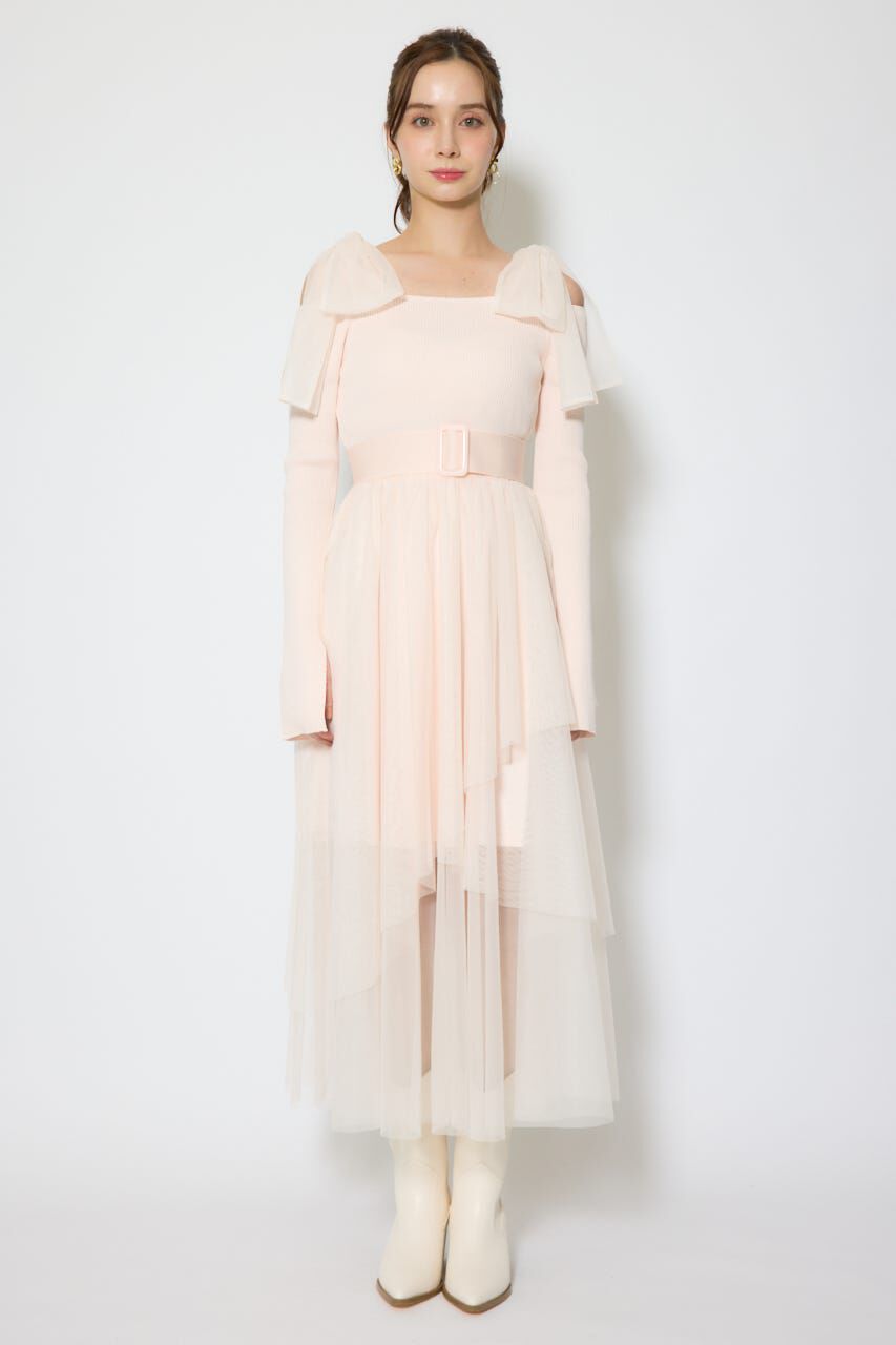 rienda「ショルダーリボンチュールニットワンピース」|ワンピース|