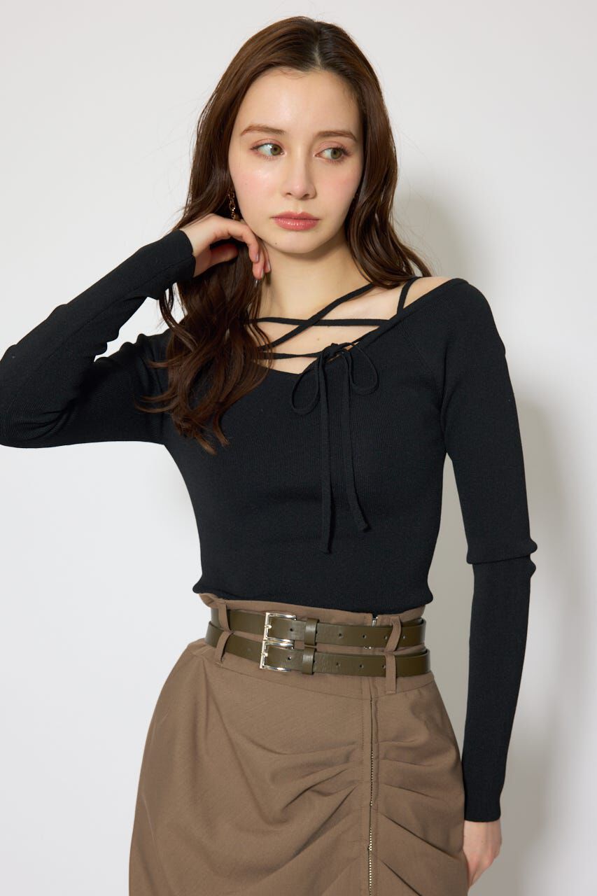 rienda「ストリングタイトニットトップス」|ニット・セーター|BLK