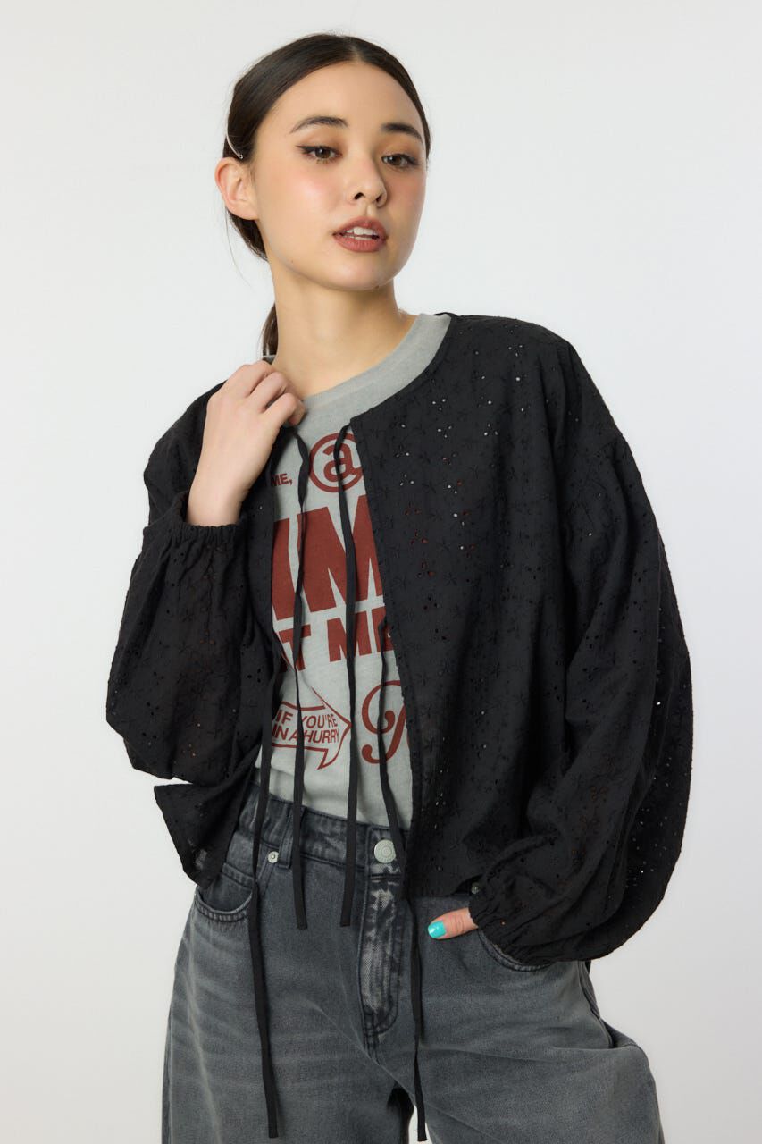 RODEO CROWNS「ノーカラーレースカーディガン」|シャツ・ブラウス|BLK