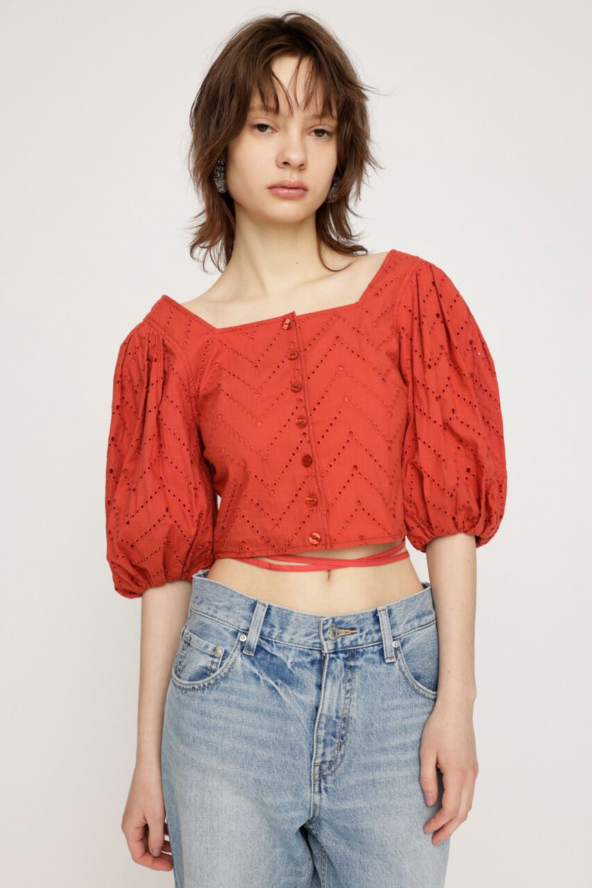 SLY「FRONT BUTTON LACE PUFF トップス」|シャツ・ブラウス|RED